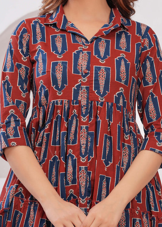 Women Maroon Ethnic Printed Flared Dress | LASVINI - Redefining Indian Fashion with Elegance