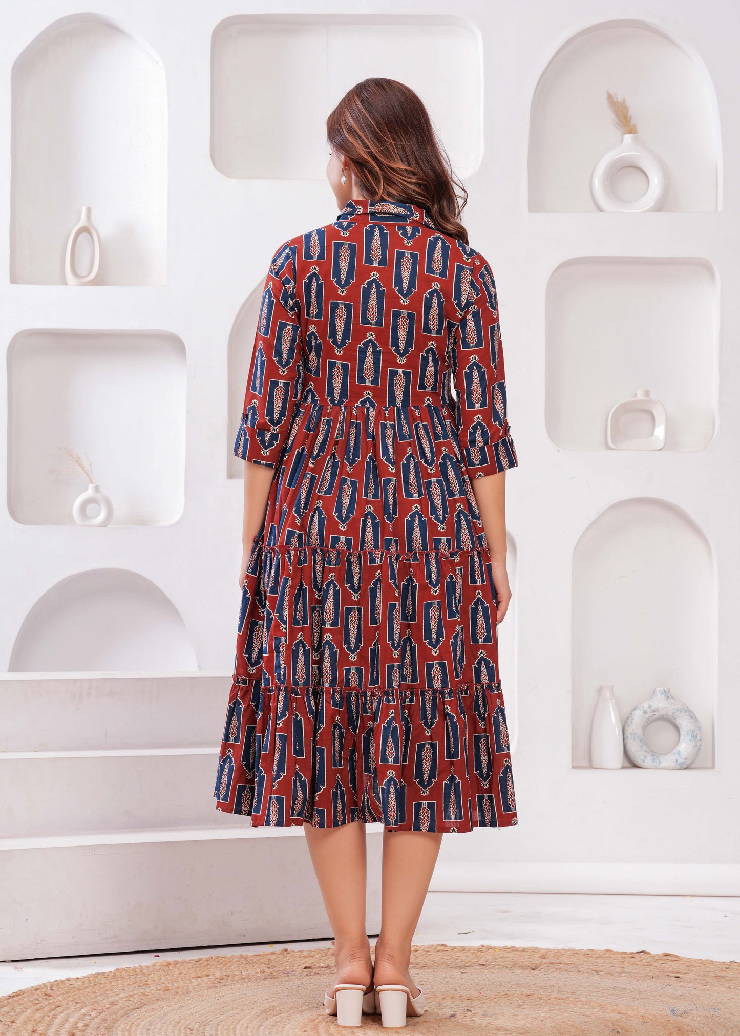 Women Maroon Ethnic Printed Flared Dress | LASVINI - Redefining Indian Fashion with Elegance
