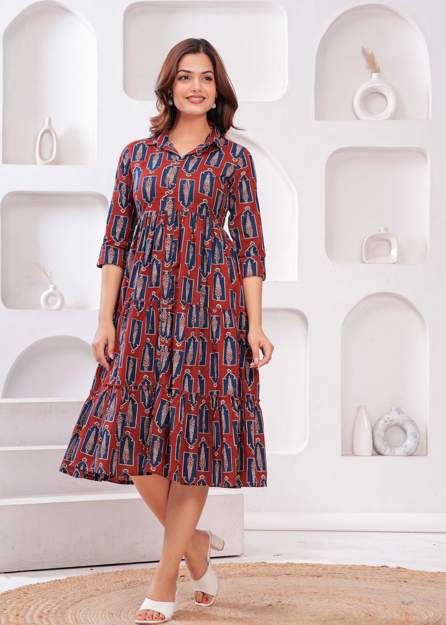 Women Maroon Ethnic Printed Flared Dress | LASVINI - Redefining Indian Fashion with Elegance