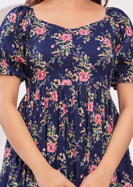 Women Navy Blue Ethnic Printed Flared Dress | LASVINI - Redefining Indian Fashion with Elegance