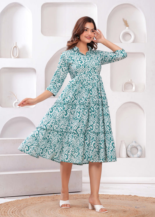 Turquoise Blue Ethnic Printed Flared Dress for Women | LASVINI - Redefining Indian Fashion with Elegance
