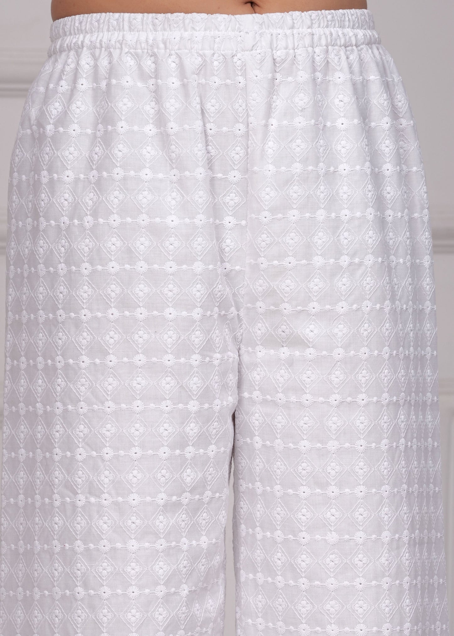 Women White Schiffli Straight Palazzo | LASVINI - Redefining Indian Fashion with Elegance