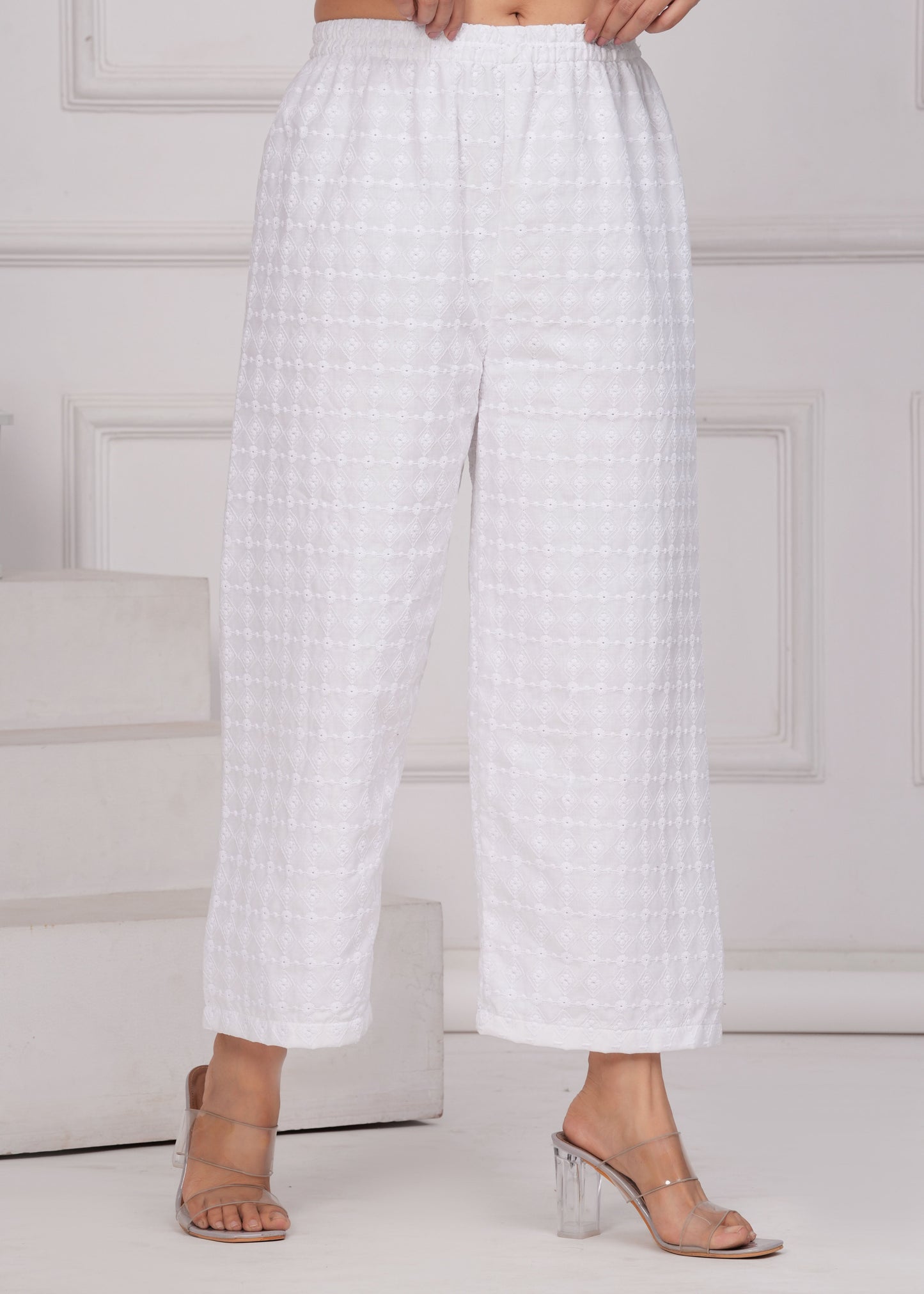 Women White Schiffli Straight Palazzo | LASVINI - Redefining Indian Fashion with Elegance