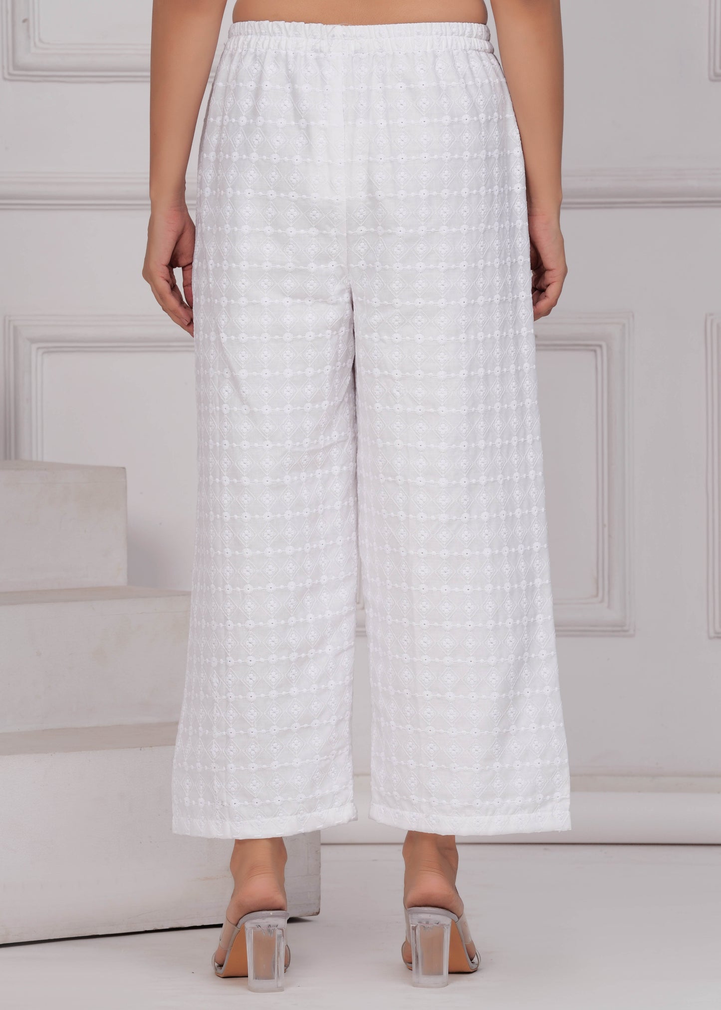 Women White Schiffli Straight Palazzo | LASVINI - Redefining Indian Fashion with Elegance