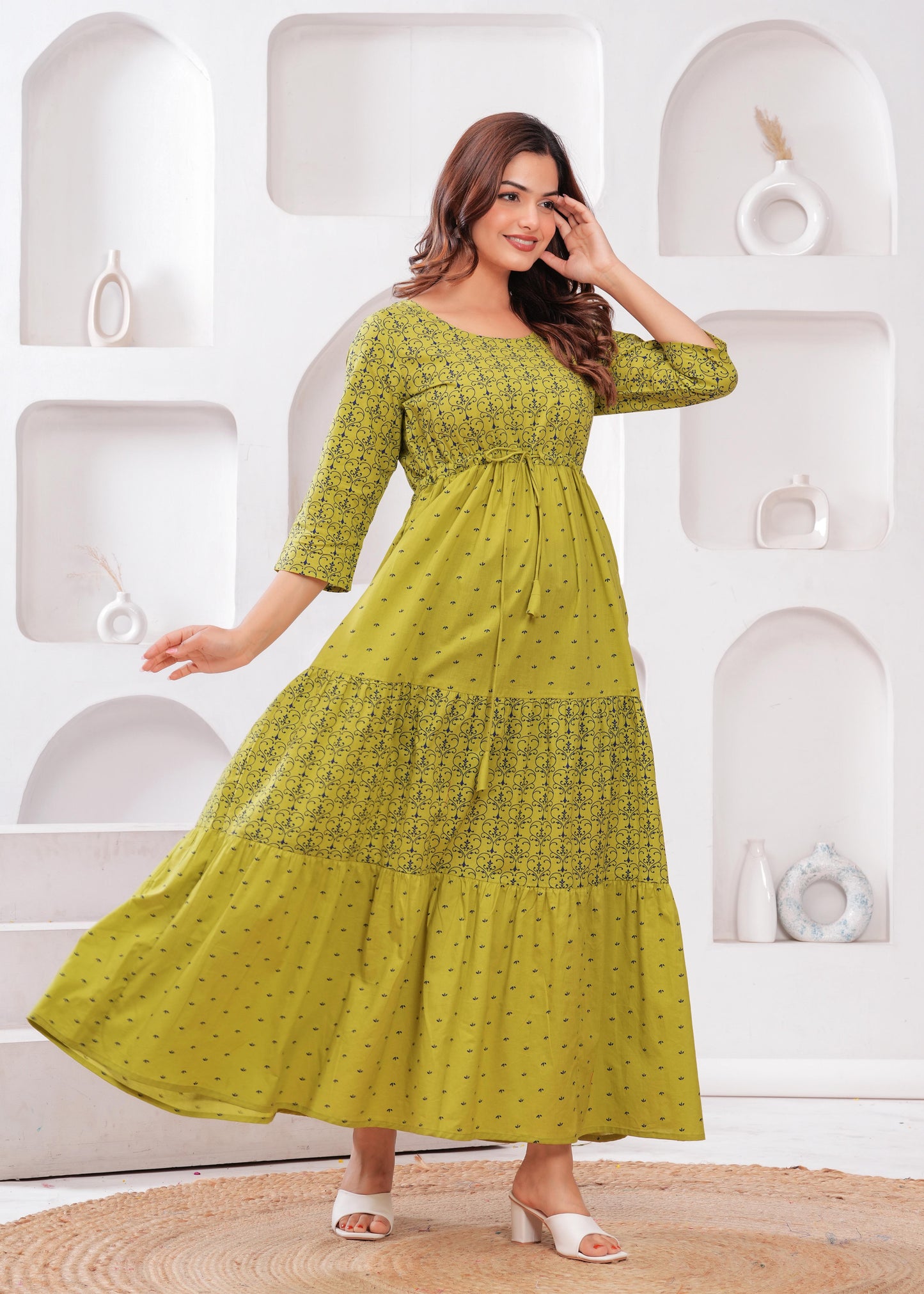 Green Ethnic Printed Flared Dress for Women | LASVINI - Redefining Indian Fashion with Elegance