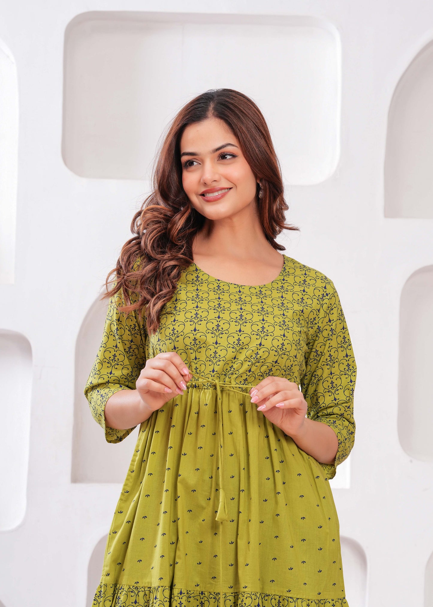 Green Ethnic Printed Flared Dress for Women | LASVINI - Redefining Indian Fashion with Elegance