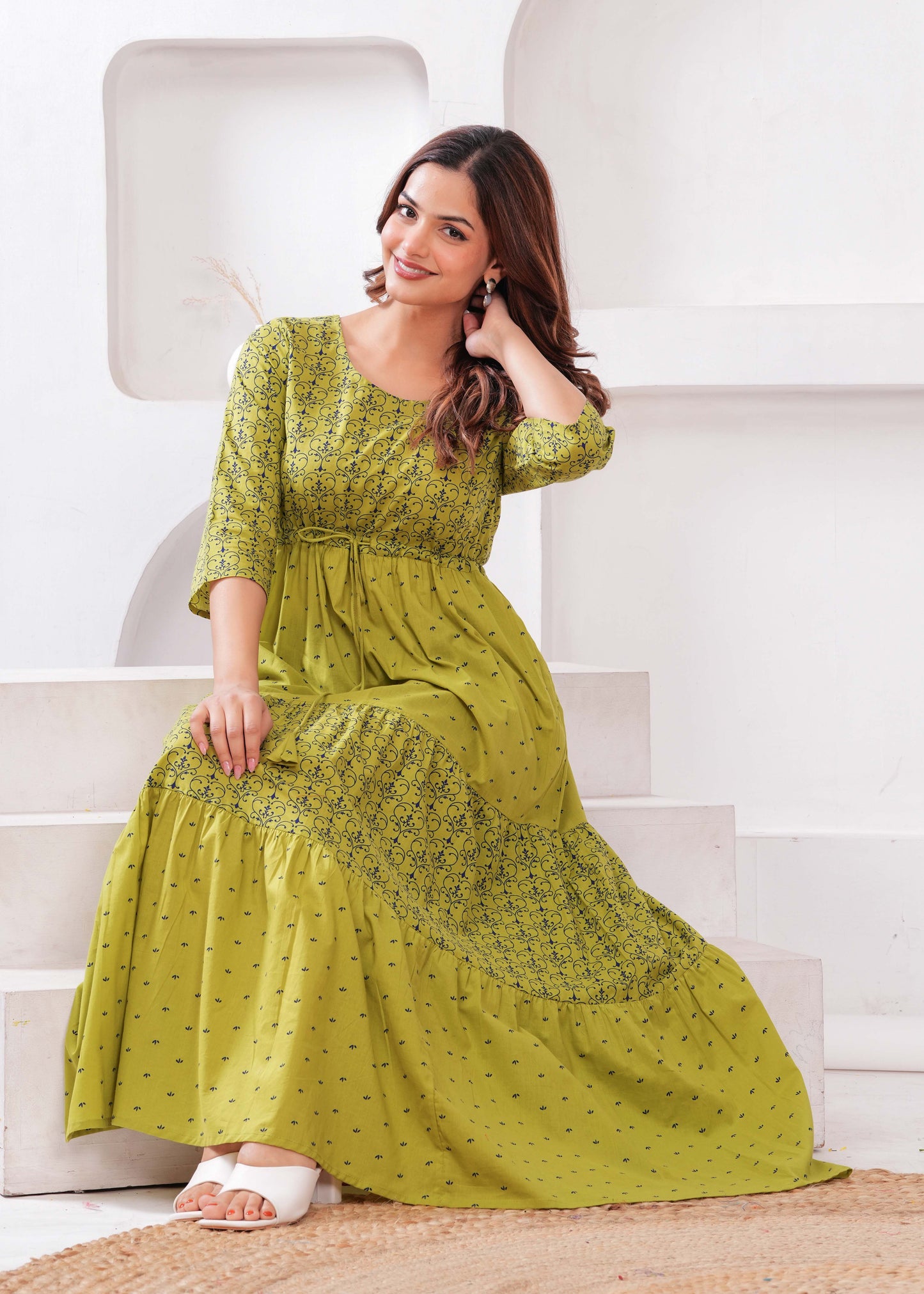 Green Ethnic Printed Flared Dress for Women | LASVINI - Redefining Indian Fashion with Elegance