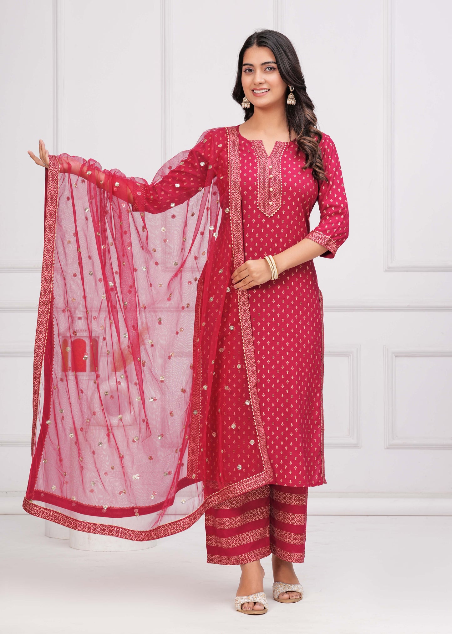 Pink Gold Printed Straight Kurta Set With Net Dupatta for Women | LASVINI - Redefining Indian Fashion with Elegance
