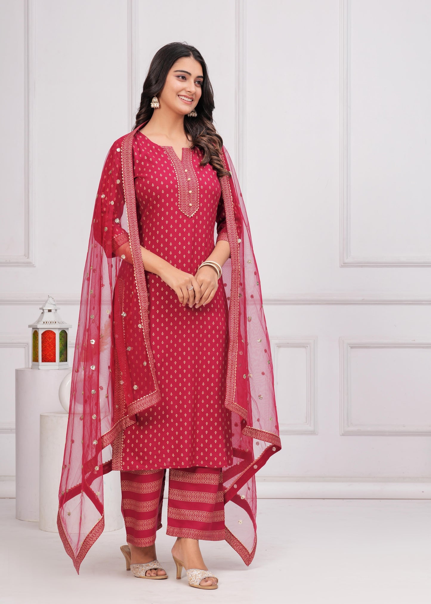 Pink Gold Printed Straight Kurta Set With Net Dupatta for Women | LASVINI - Redefining Indian Fashion with Elegance