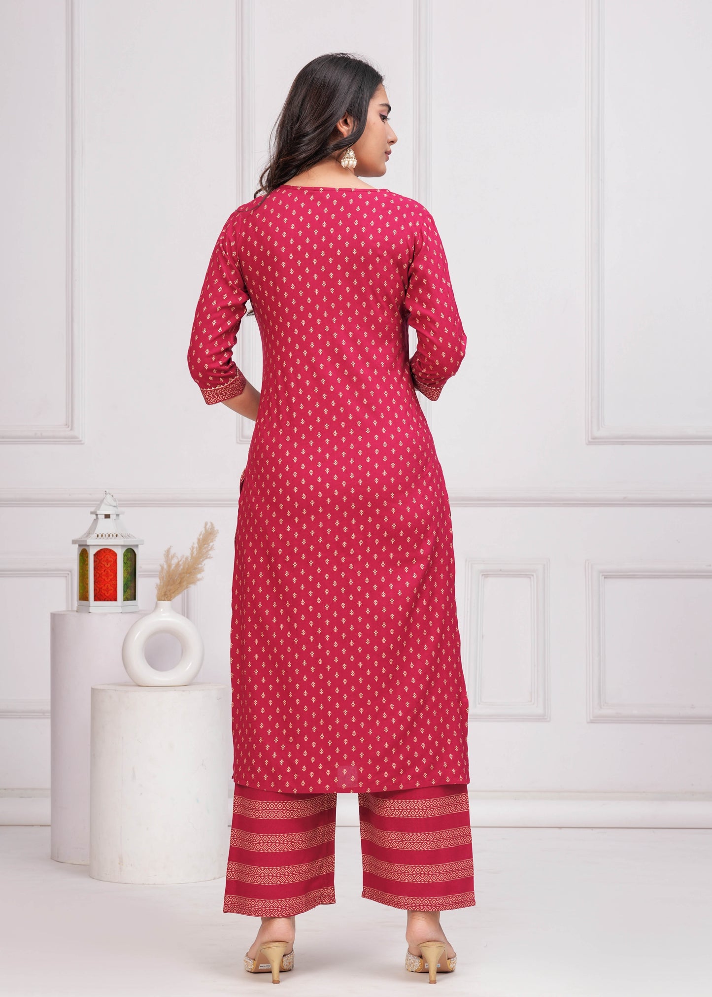 Pink Gold Printed Straight Kurta Set With Net Dupatta for Women | LASVINI - Redefining Indian Fashion with Elegance