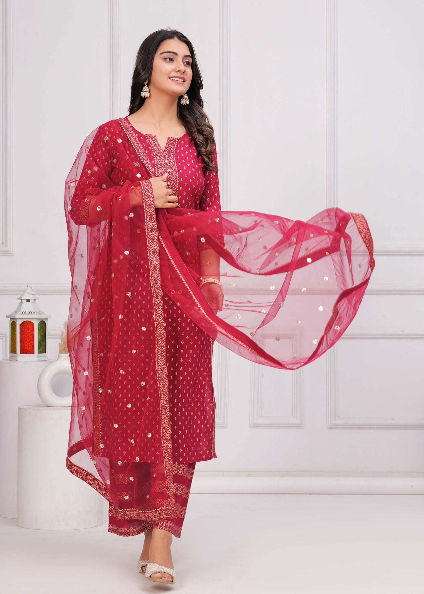 Pink Gold Printed Straight Kurta Set With Net Dupatta for Women | LASVINI - Redefining Indian Fashion with Elegance