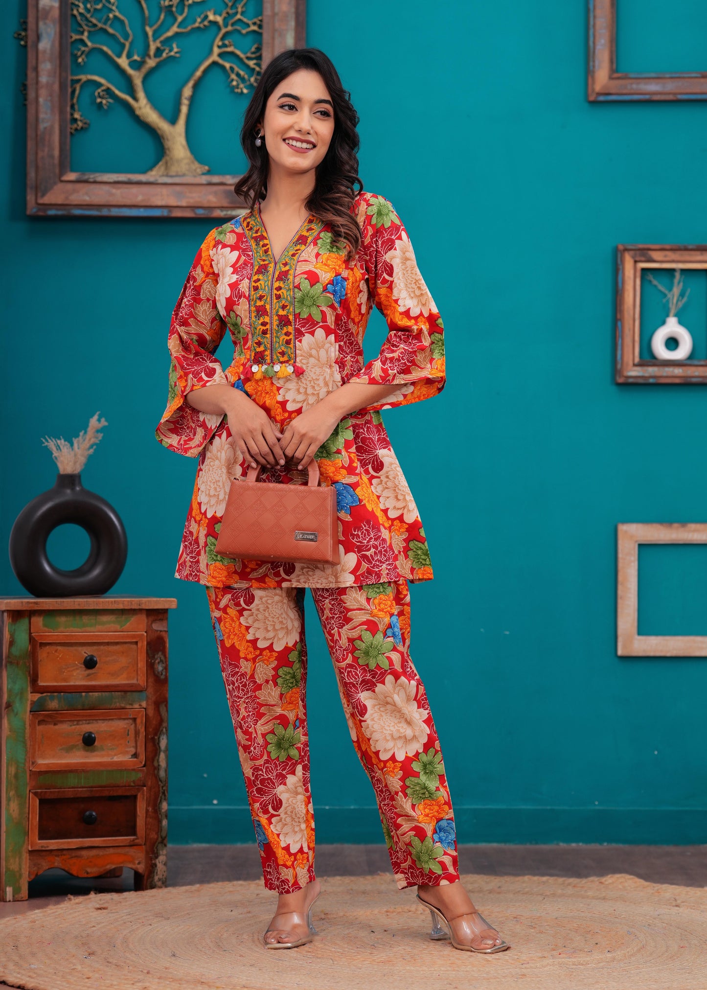 Red Floral Printed Co-Ord set for Women | LASVINI - Redefining Indian Fashion with Elegance