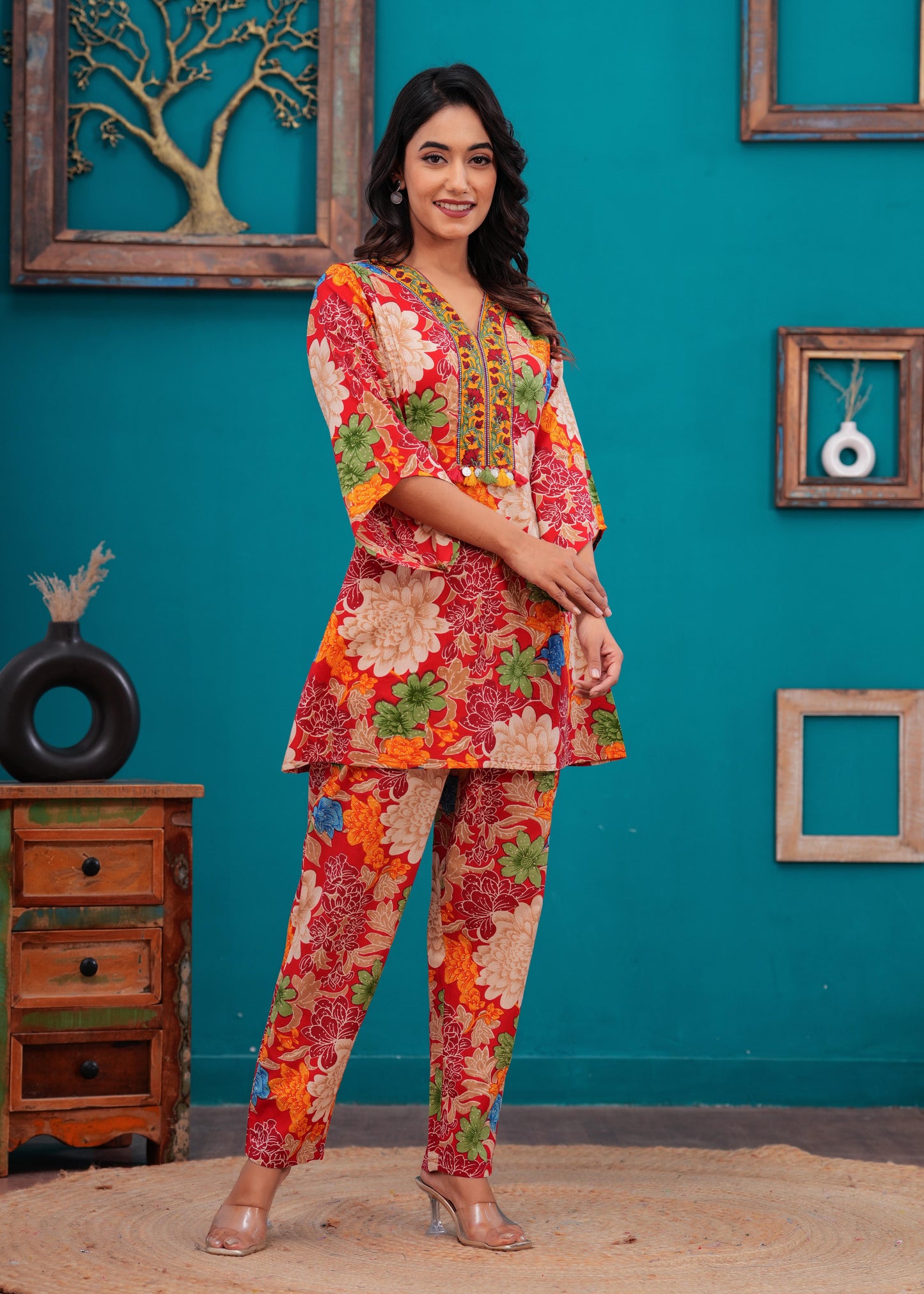Red Floral Printed Co-Ord set for Women | LASVINI - Redefining Indian Fashion with Elegance