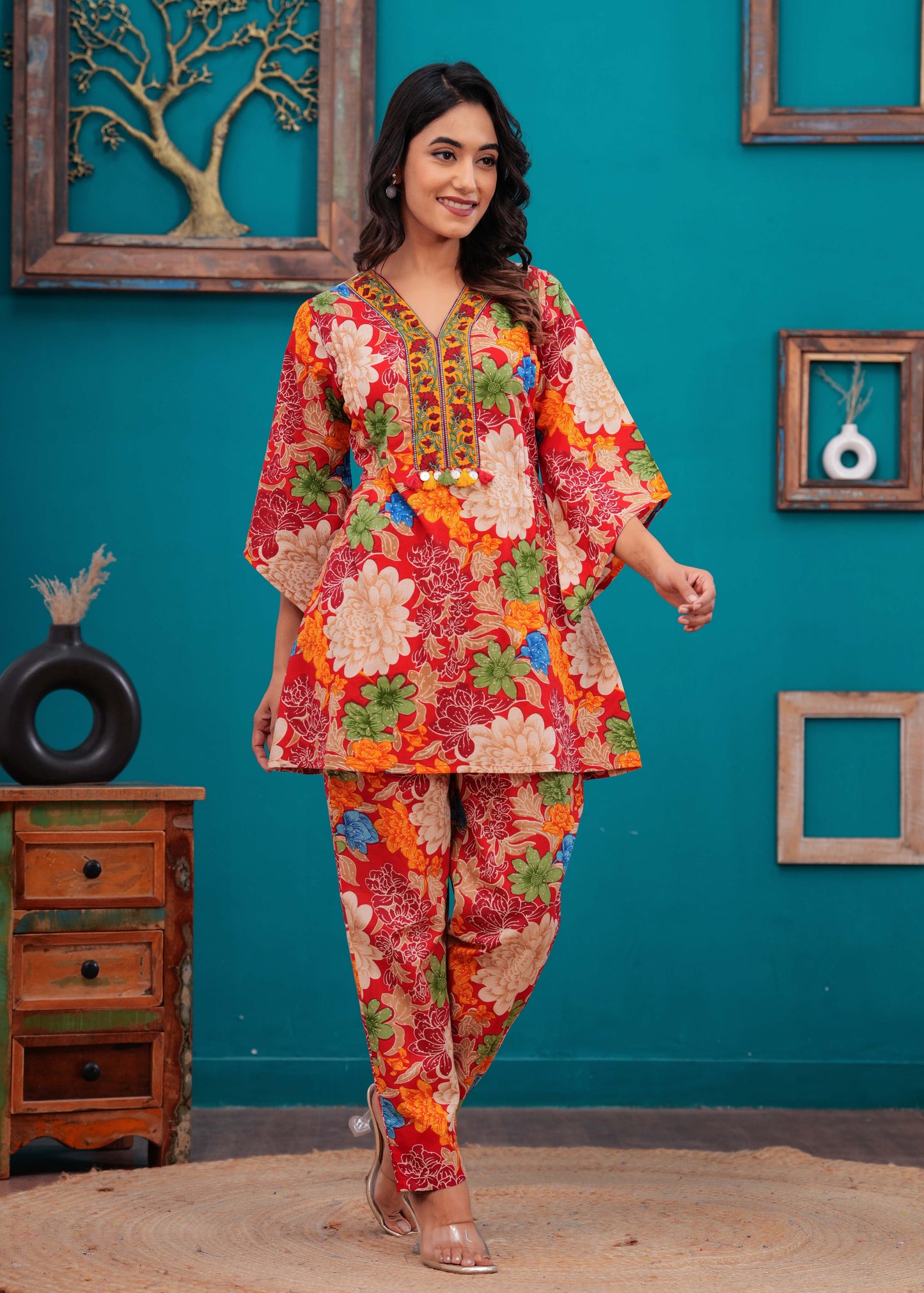 Red Floral Printed Co-Ord set for Women | LASVINI - Redefining Indian Fashion with Elegance
