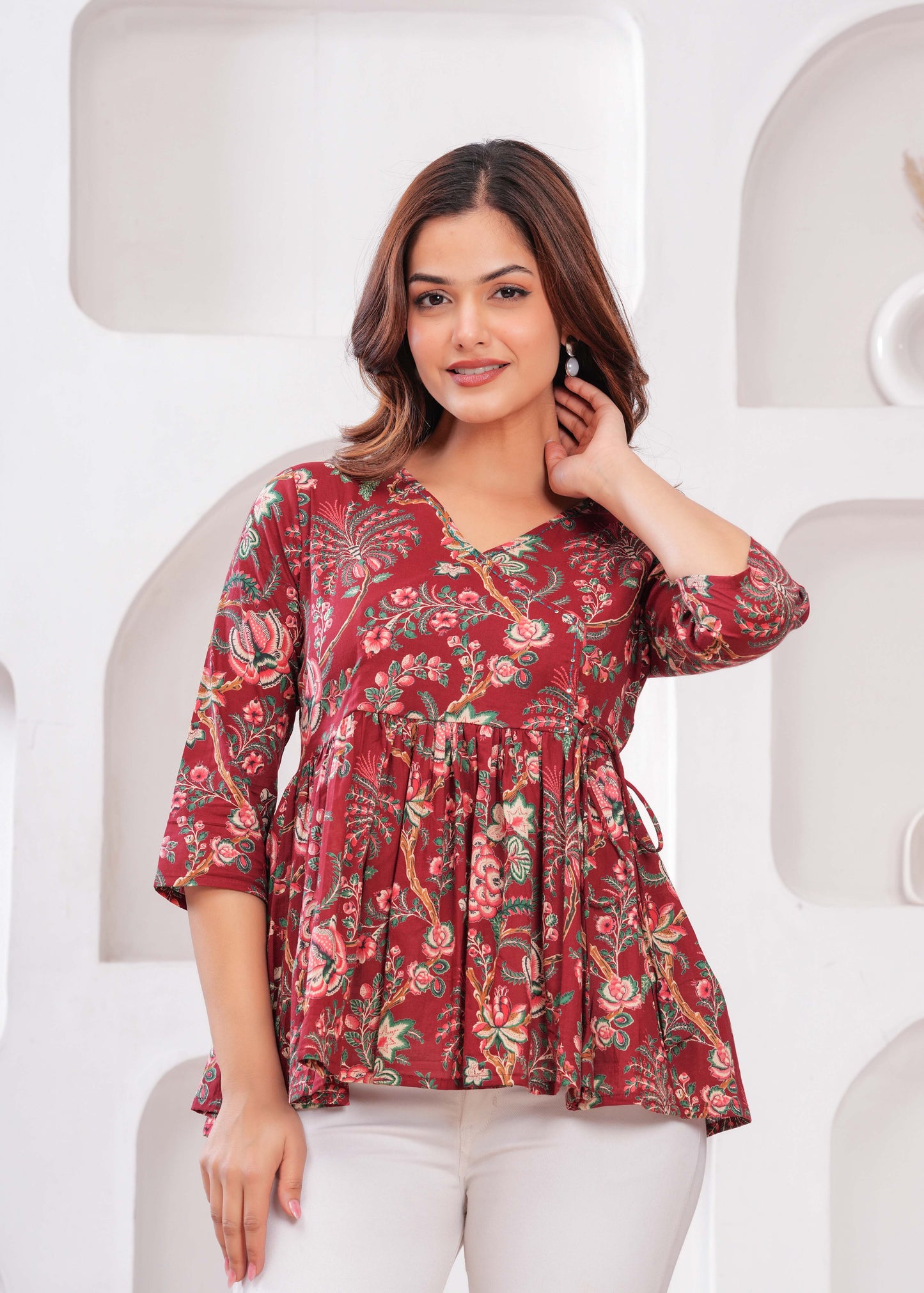 Women Maroon Printed Peplum Tunic | LASVINI - Redefining Indian Fashion with Elegance