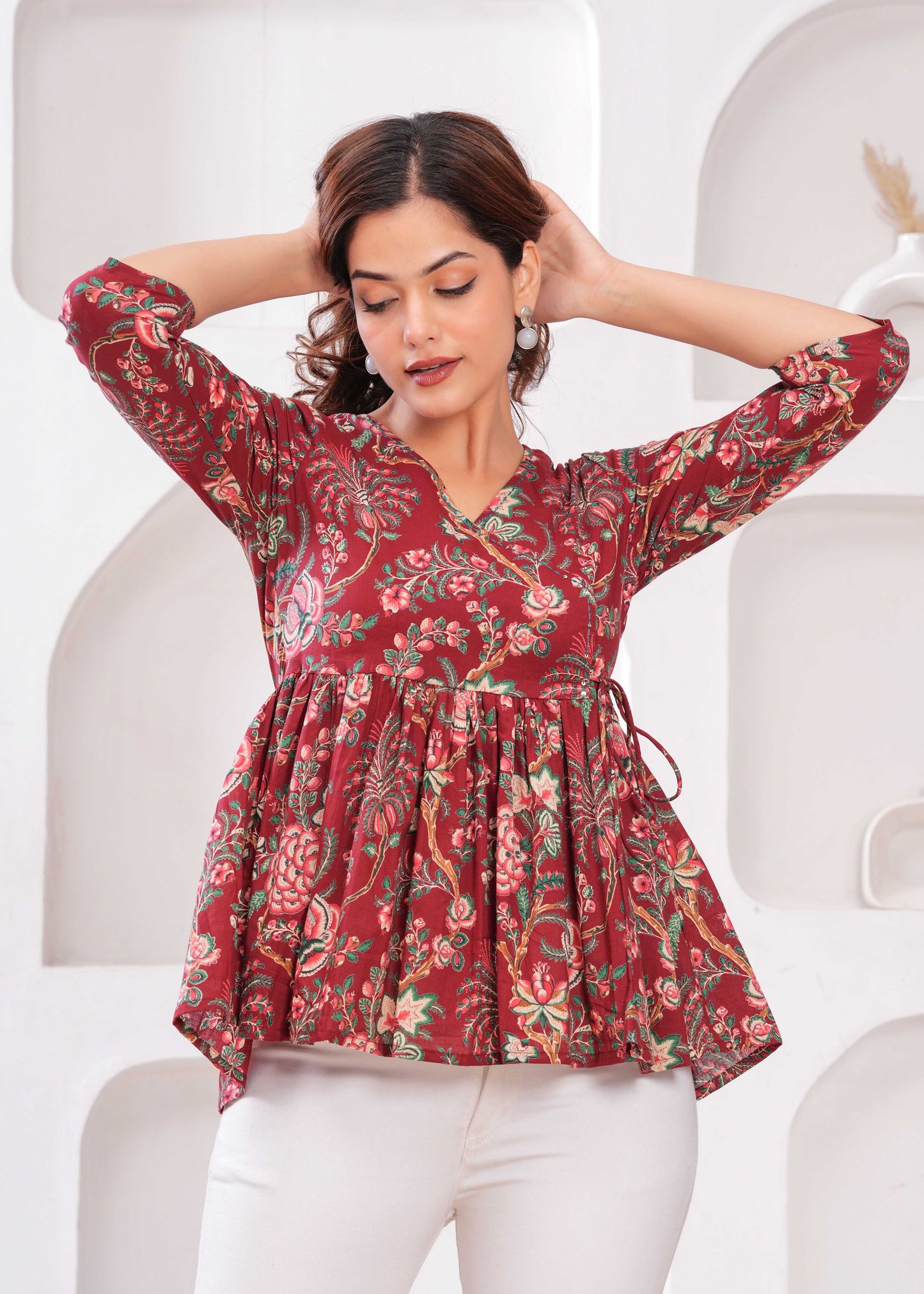 Women Maroon Printed Peplum Tunic | LASVINI - Redefining Indian Fashion with Elegance