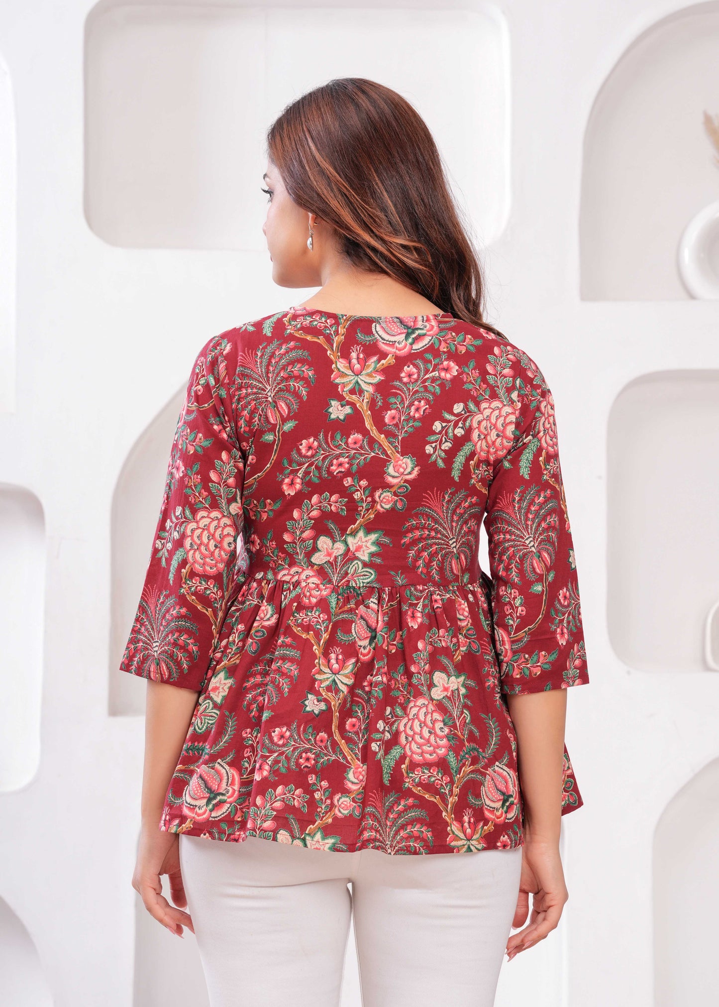 Women Maroon Printed Peplum Tunic | LASVINI - Redefining Indian Fashion with Elegance