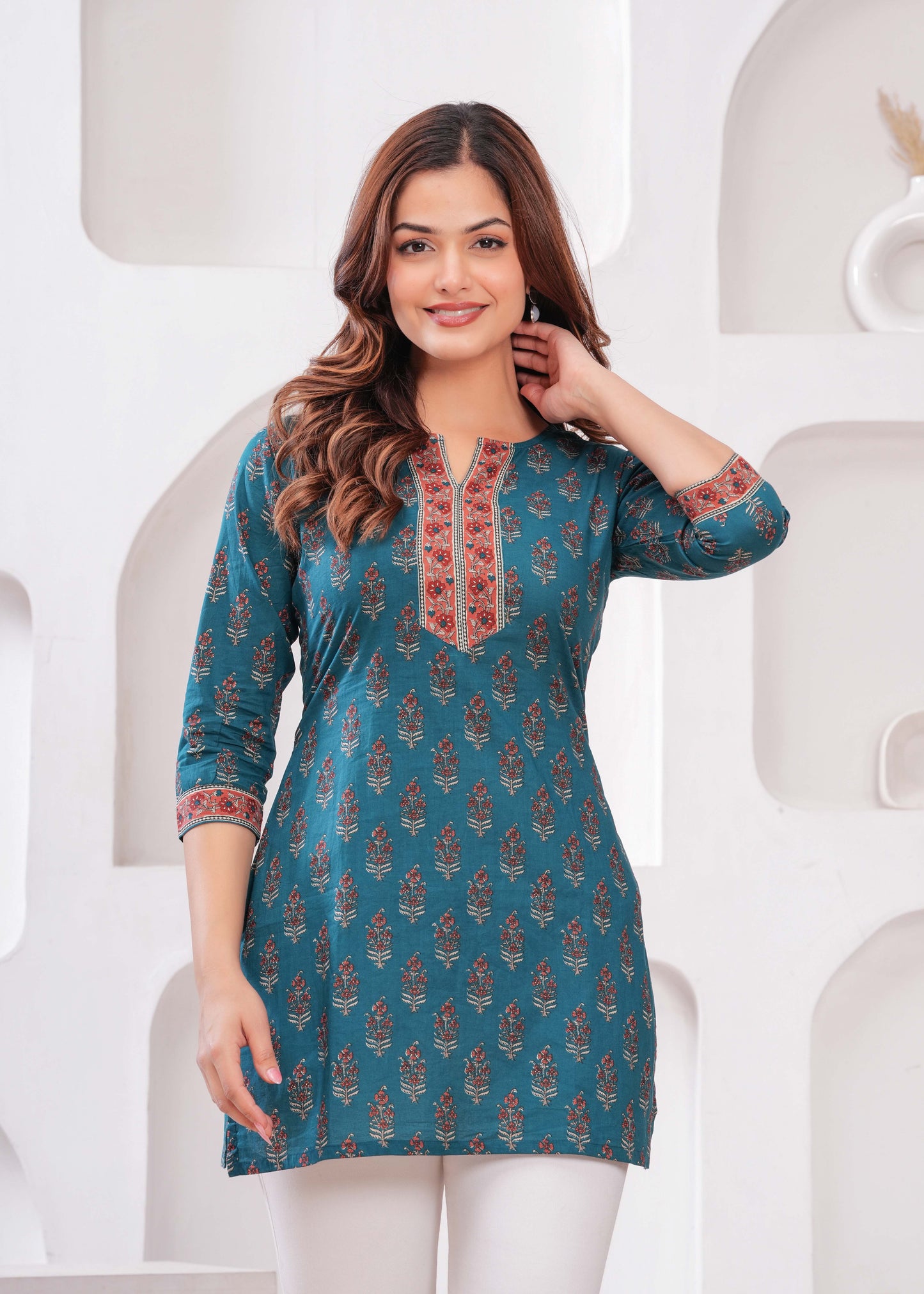 Women Teal Blue Printed Straight Tunic | LASVINI - Redefining Indian Fashion with Elegance