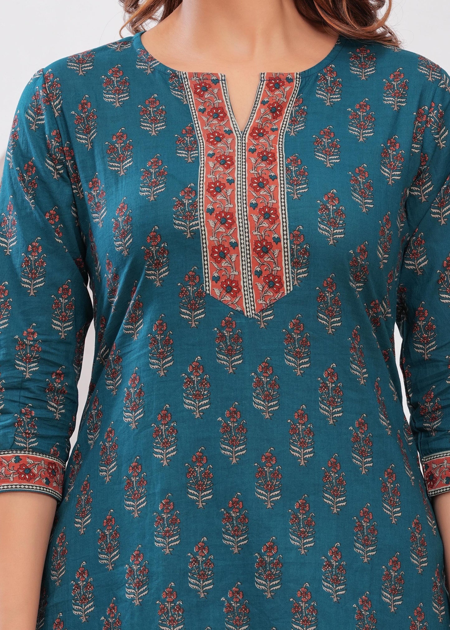 Women Teal Blue Printed Straight Tunic | LASVINI - Redefining Indian Fashion with Elegance