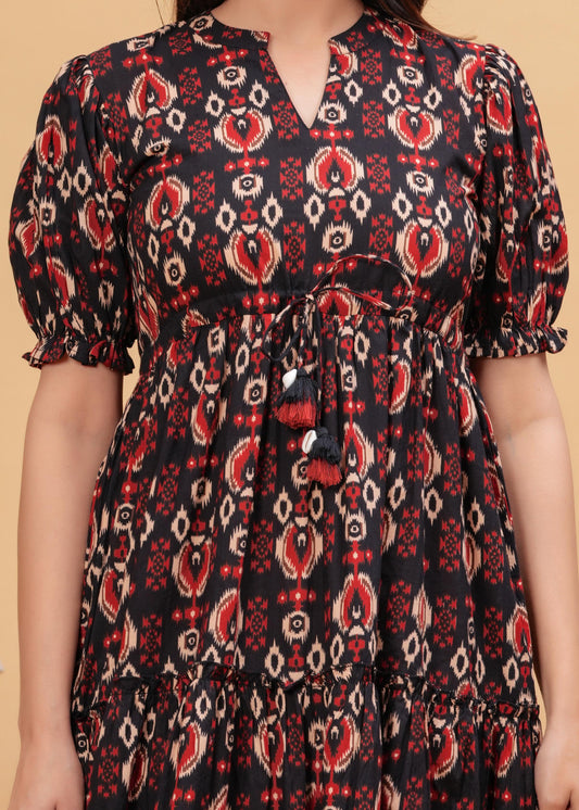 Black Abstract Printed Flared Dress for Women | LASVINI - Redefining Indian Fashion with Elegance