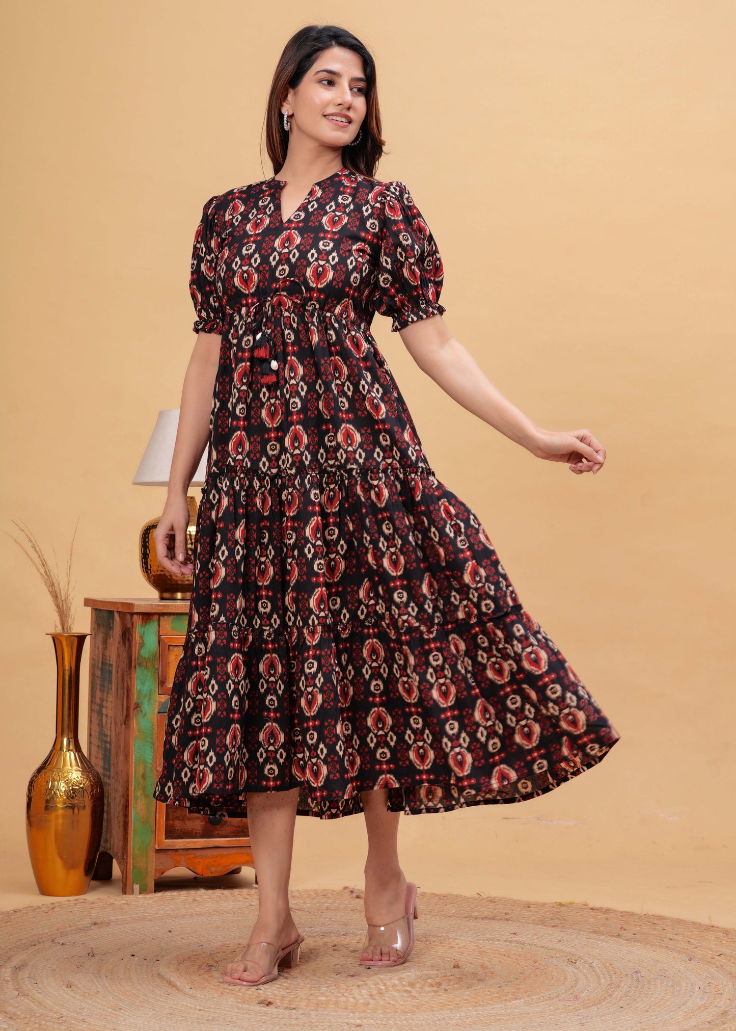 Black Abstract Printed Flared Dress for Women | LASVINI - Redefining Indian Fashion with Elegance