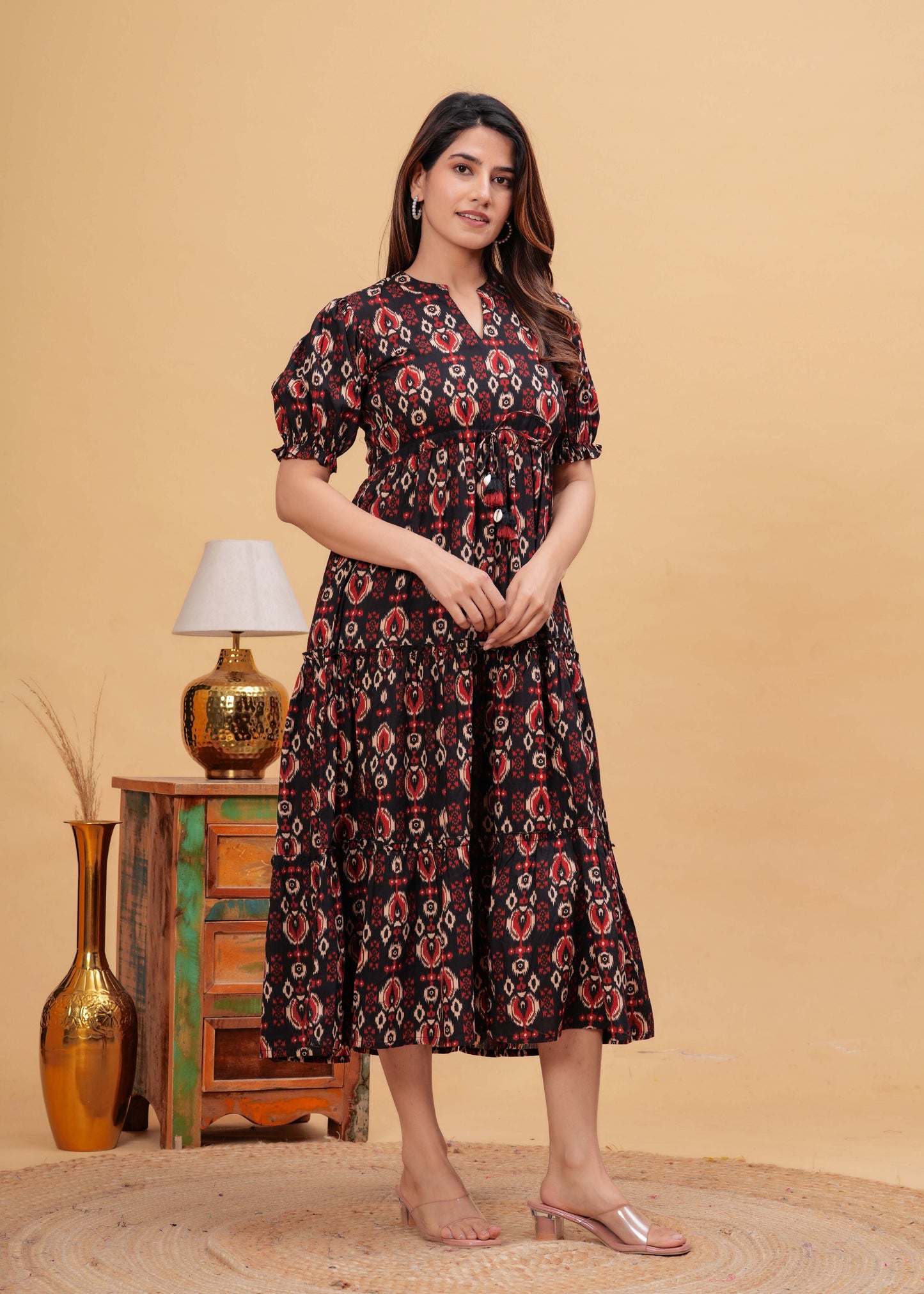 Black Abstract Printed Flared Dress for Women | LASVINI - Redefining Indian Fashion with Elegance