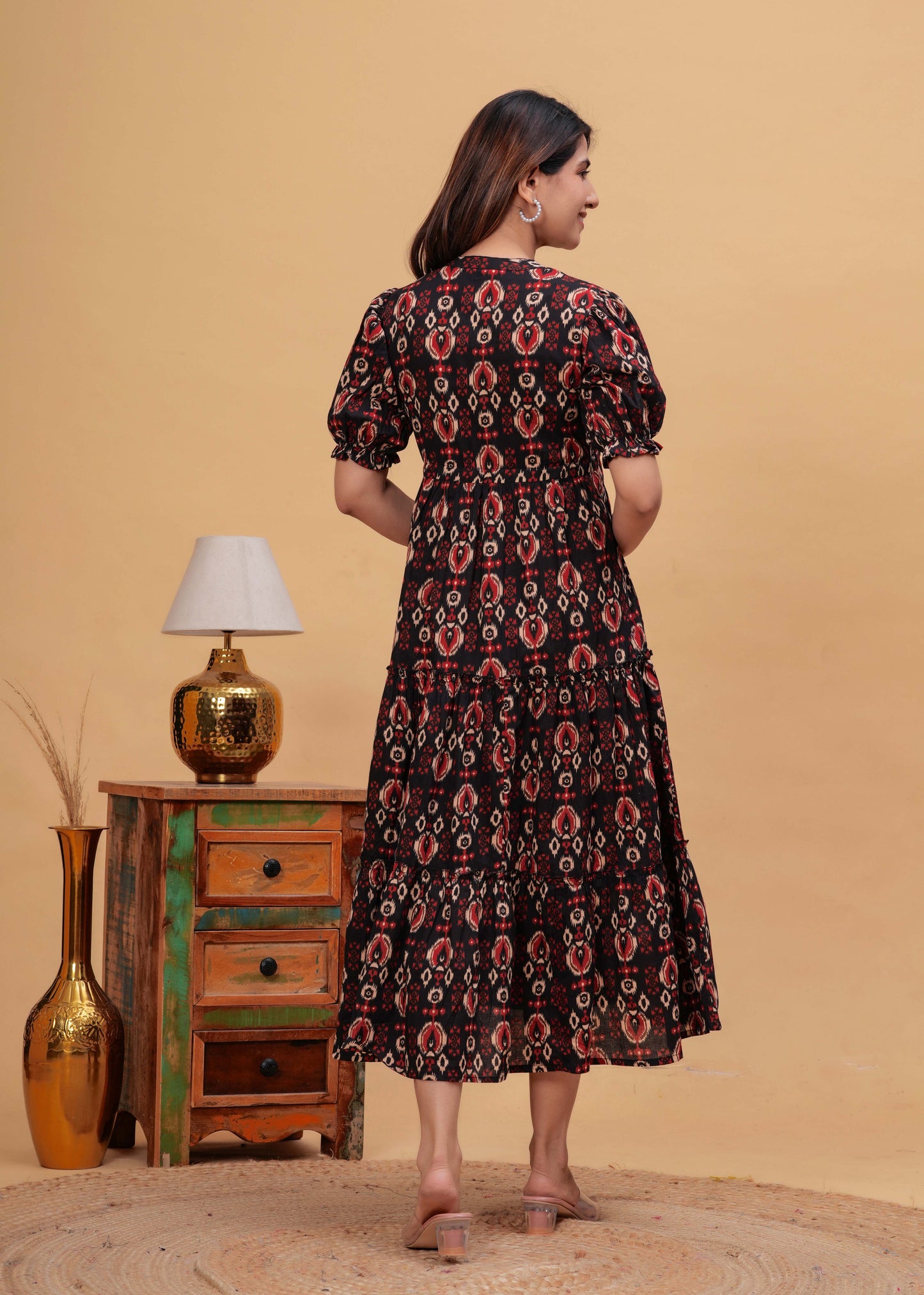Black Abstract Printed Flared Dress for Women | LASVINI - Redefining Indian Fashion with Elegance