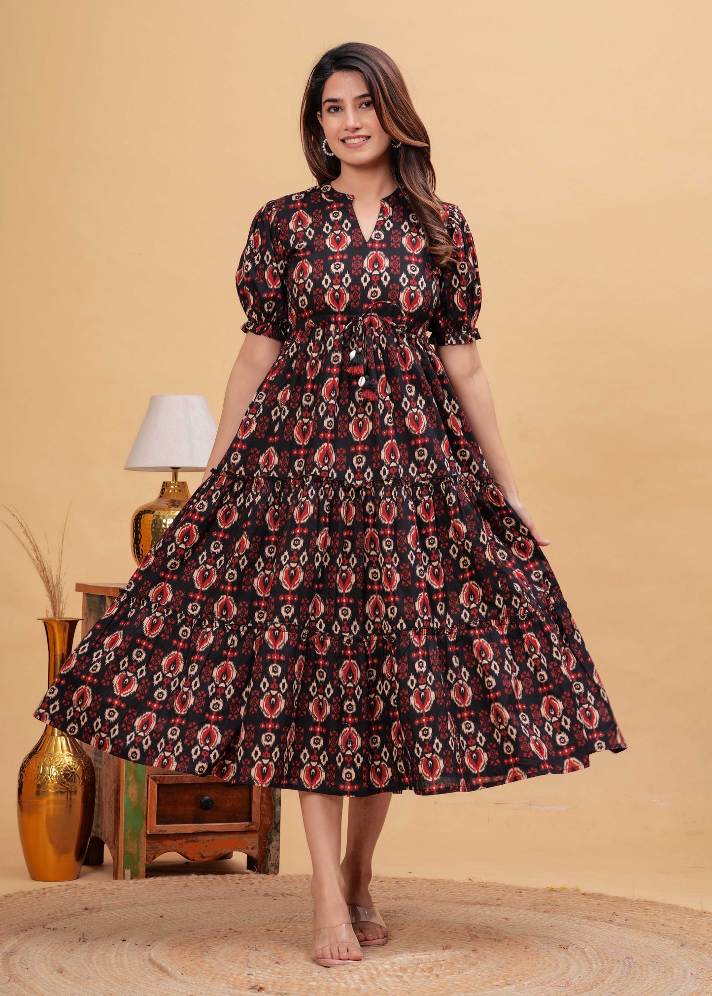 Black Abstract Printed Flared Dress for Women | LASVINI - Redefining Indian Fashion with Elegance