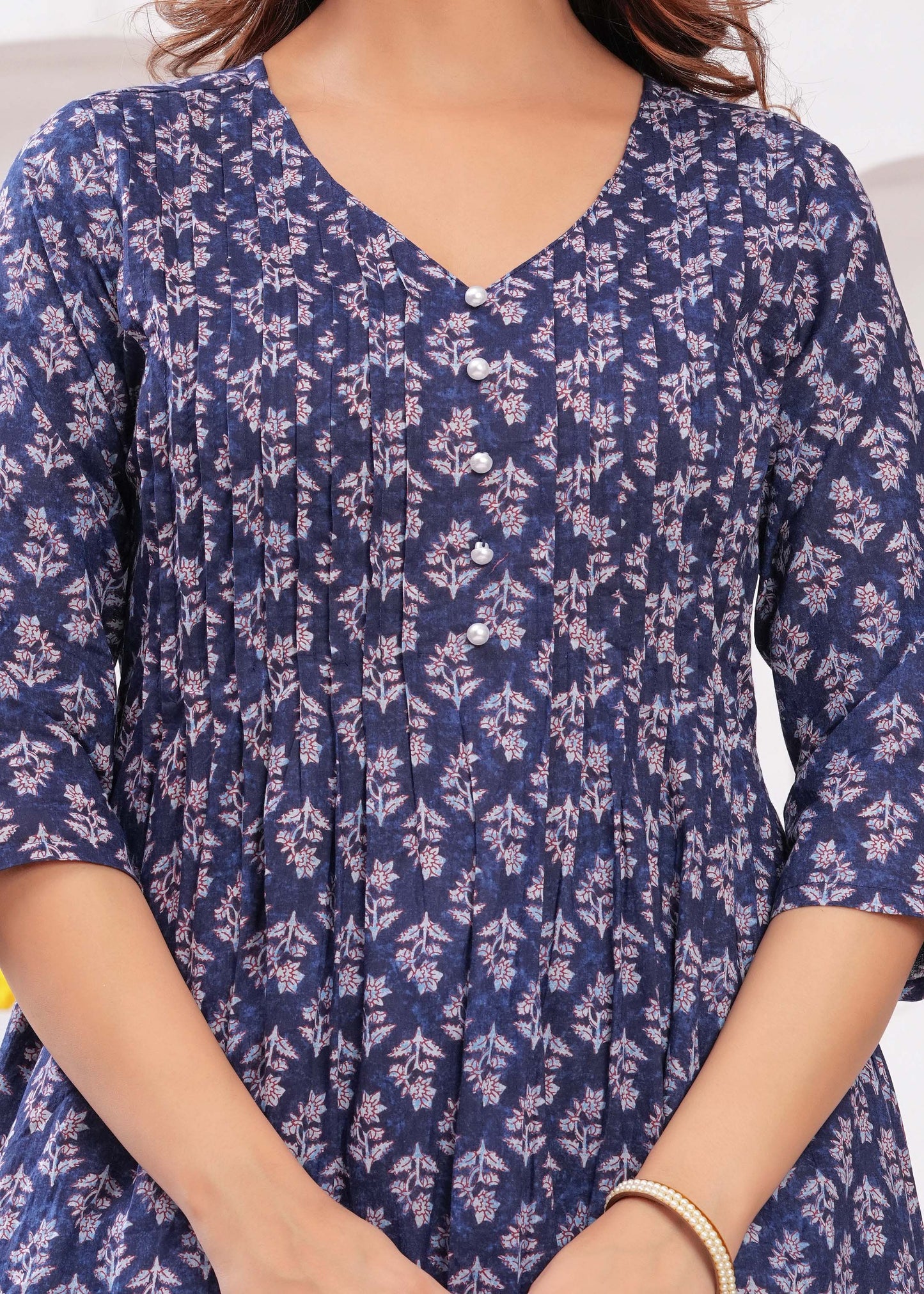 Women Blue Printed A-Line Kurta with Three Quarter Sleeves | LASVINI - Redefining Indian Fashion with Elegance