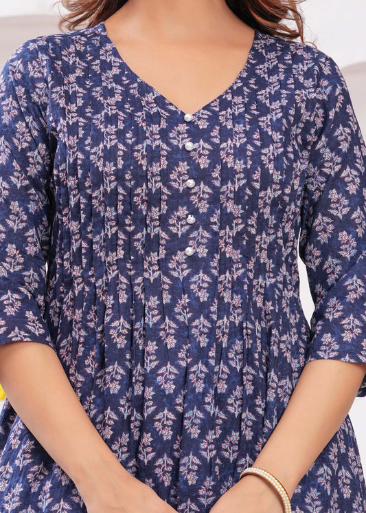 Women Blue Printed A-Line Kurta with Three Quarter Sleeves | LASVINI - Redefining Indian Fashion with Elegance