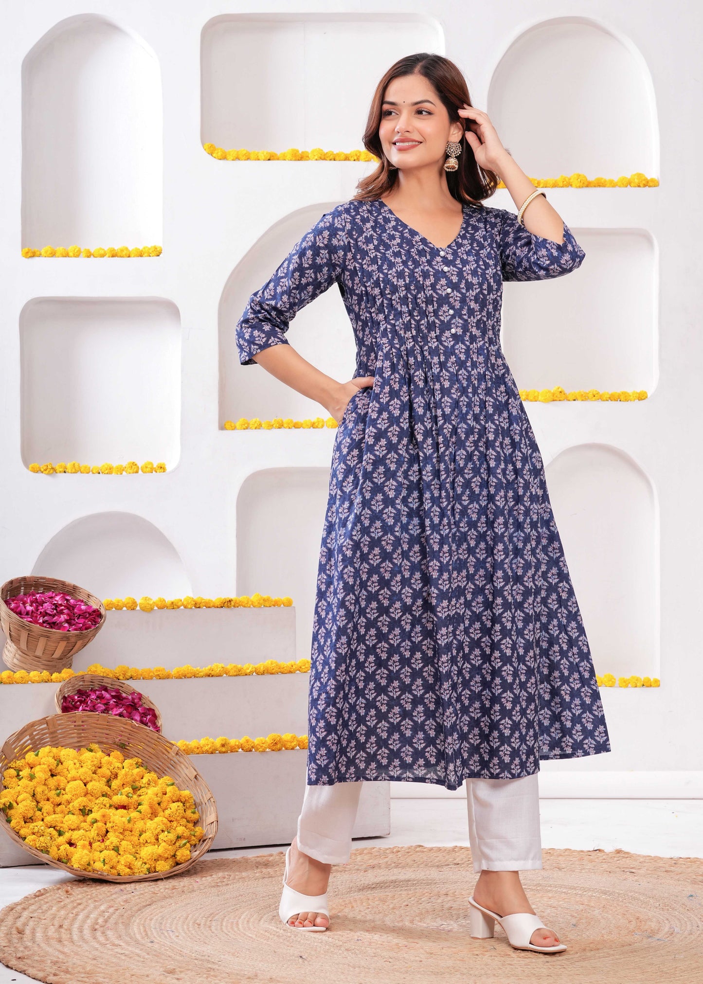 Women Blue Printed A-Line Kurta with Three Quarter Sleeves | LASVINI - Redefining Indian Fashion with Elegance