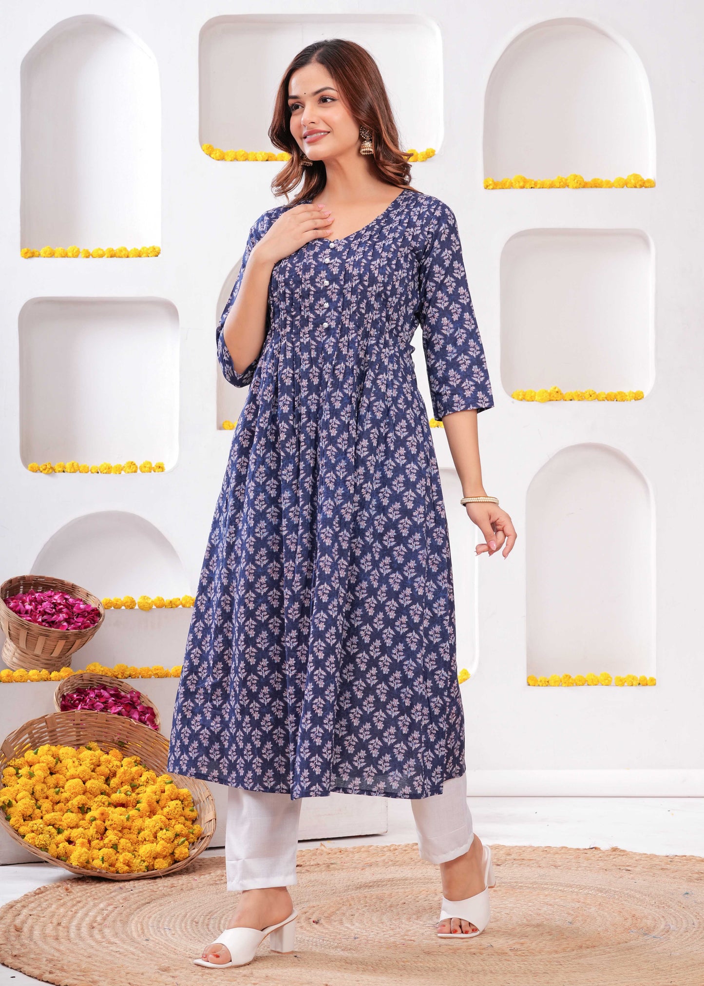 Women Blue Printed A-Line Kurta with Three Quarter Sleeves | LASVINI - Redefining Indian Fashion with Elegance