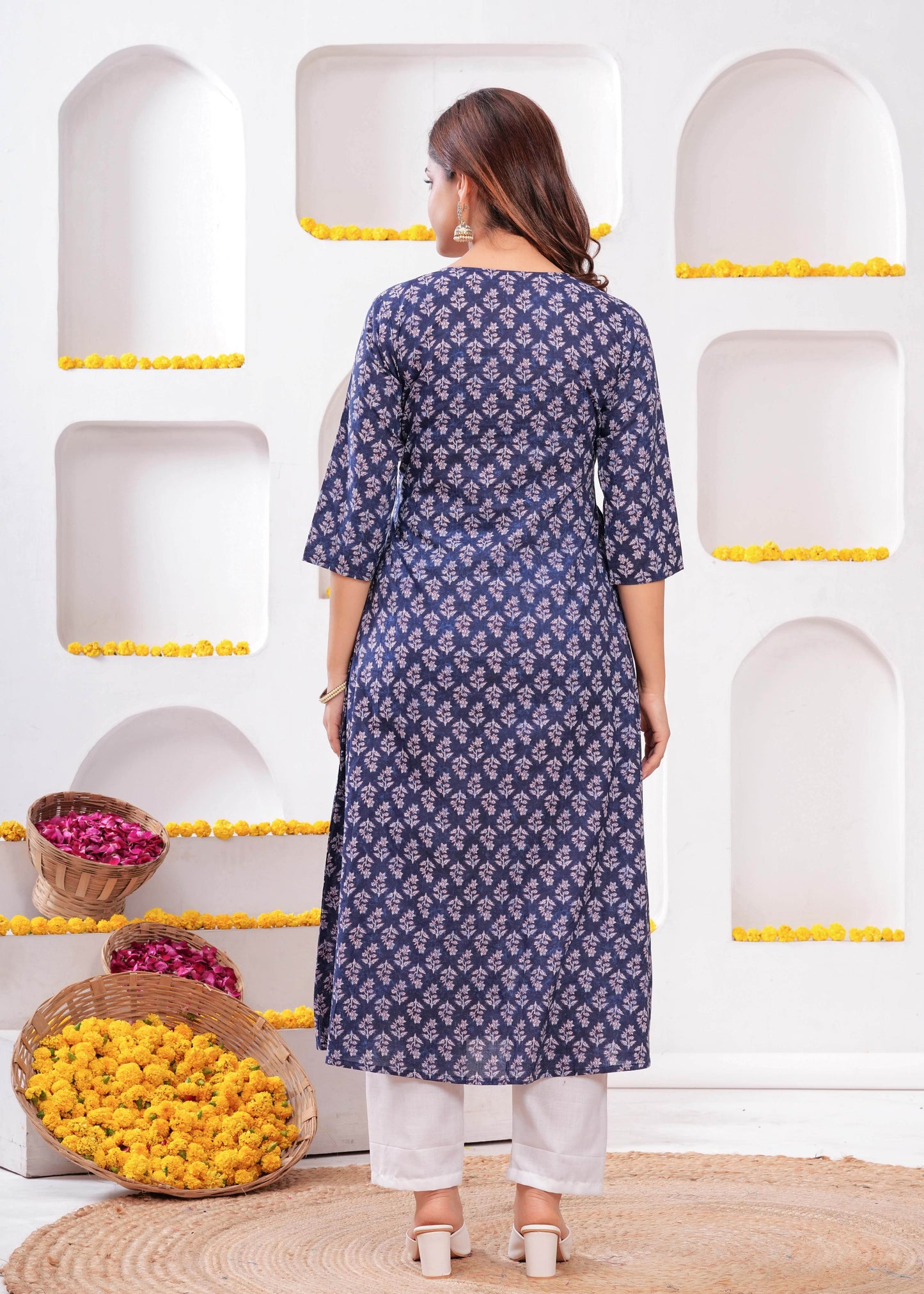 Women Blue Printed A-Line Kurta with Three Quarter Sleeves | LASVINI - Redefining Indian Fashion with Elegance