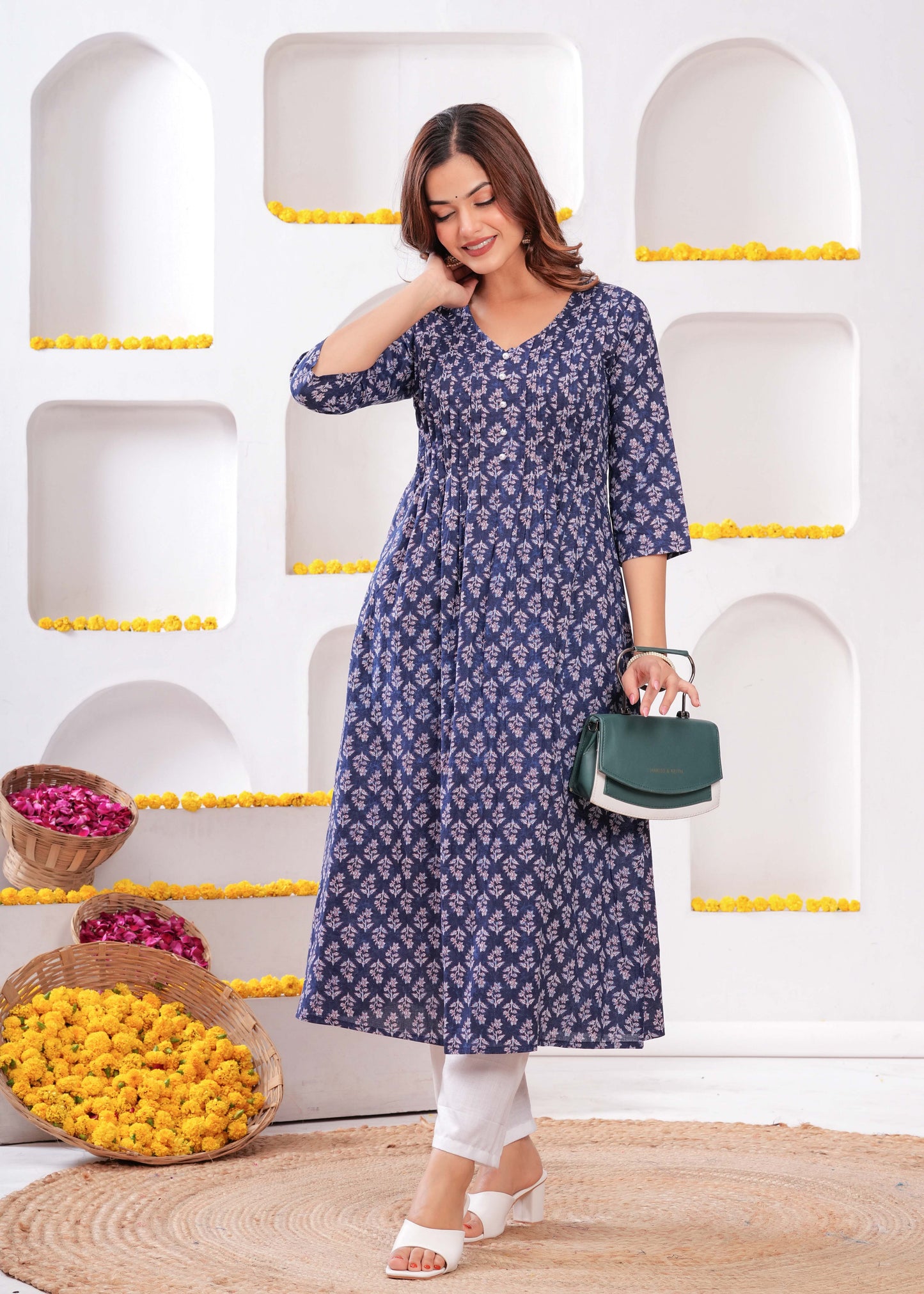 Women Blue Printed A-Line Kurta with Three Quarter Sleeves | LASVINI - Redefining Indian Fashion with Elegance