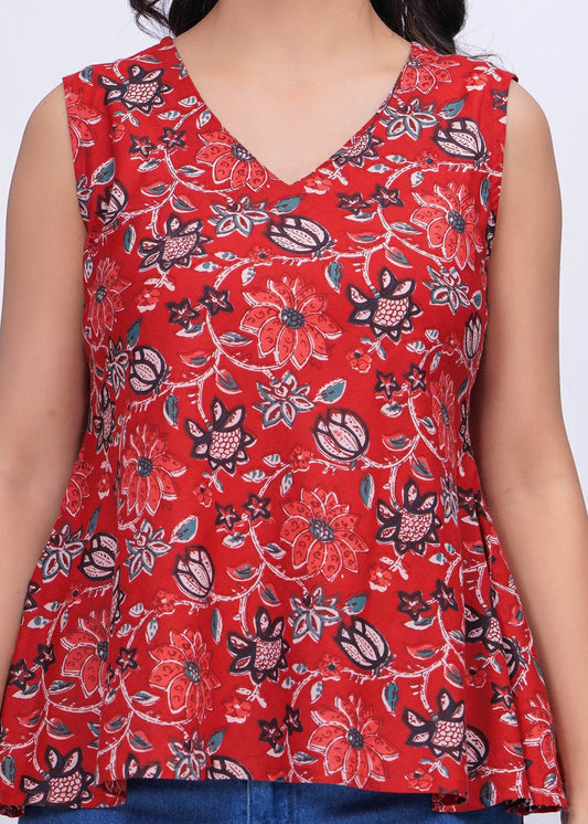 Red Floral Printed Peplum Tunic for Women | LASVINI - Redefining Indian Fashion with Elegance