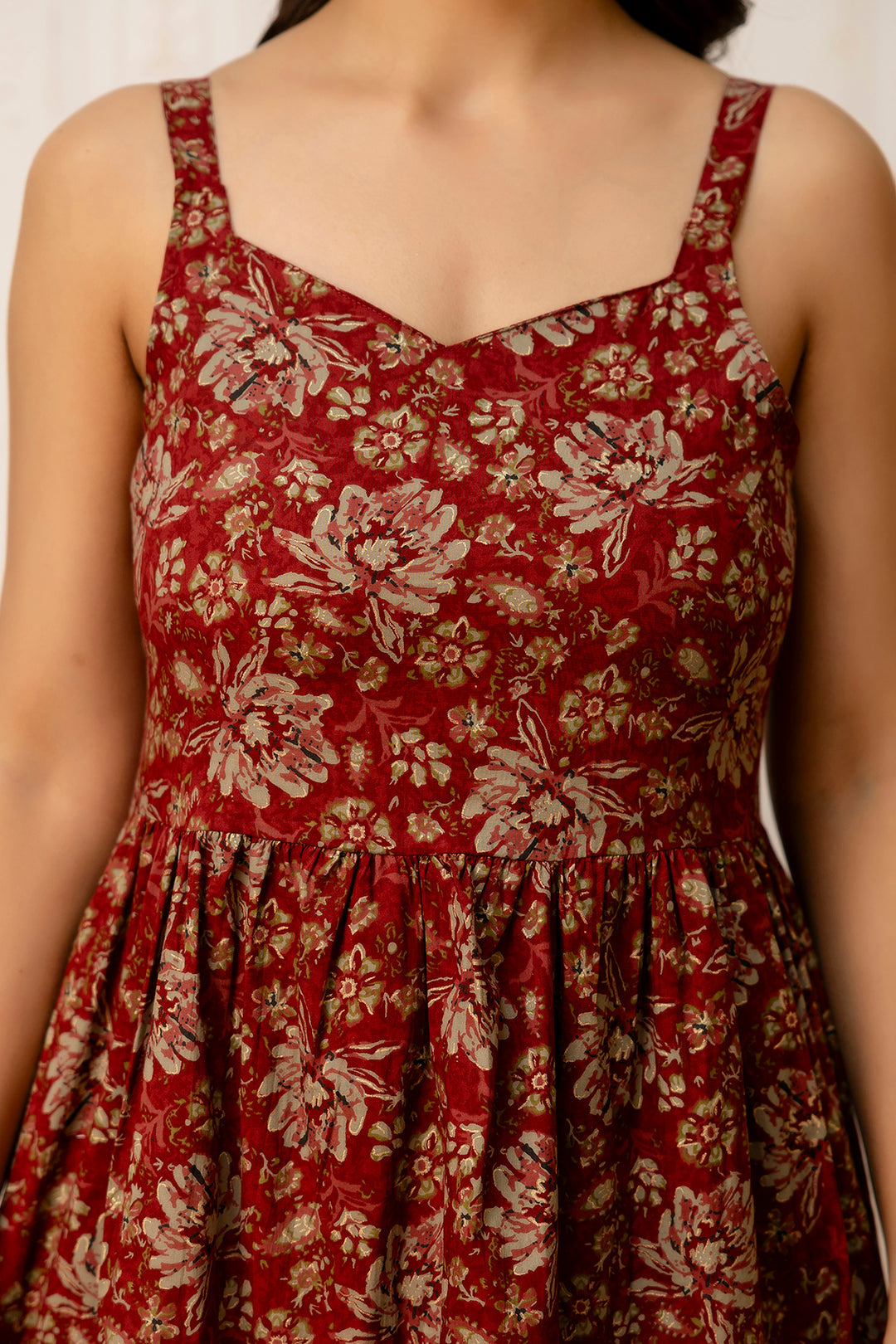 Maroon Floral Printed Flared Dress for Women | LASVINI - Redefining Indian Fashion with Elegance