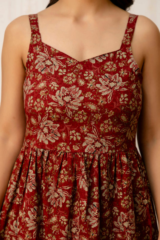 Maroon Floral Printed Flared Dress for Women | LASVINI - Redefining Indian Fashion with Elegance
