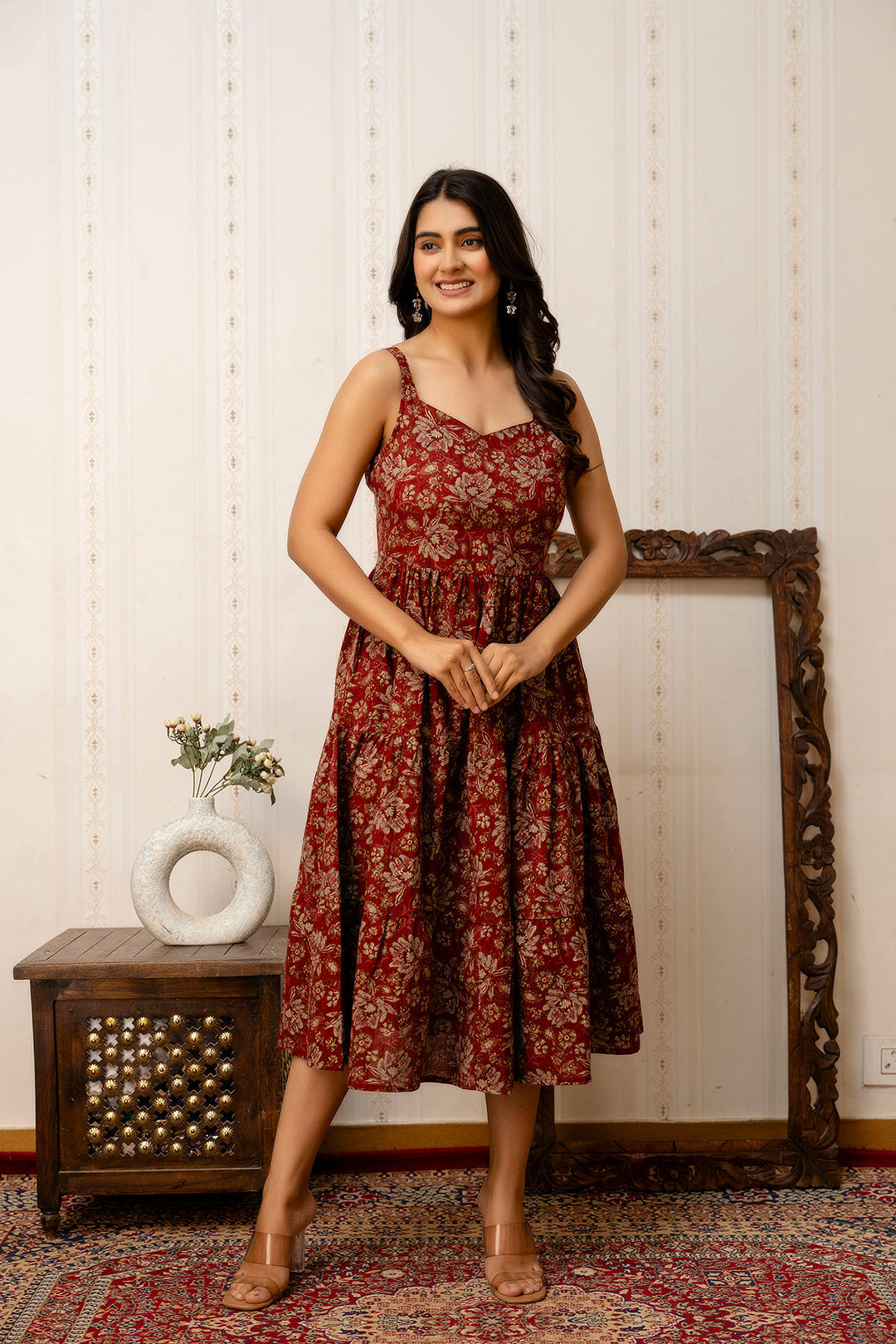 Maroon Floral Printed Flared Dress for Women | LASVINI - Redefining Indian Fashion with Elegance