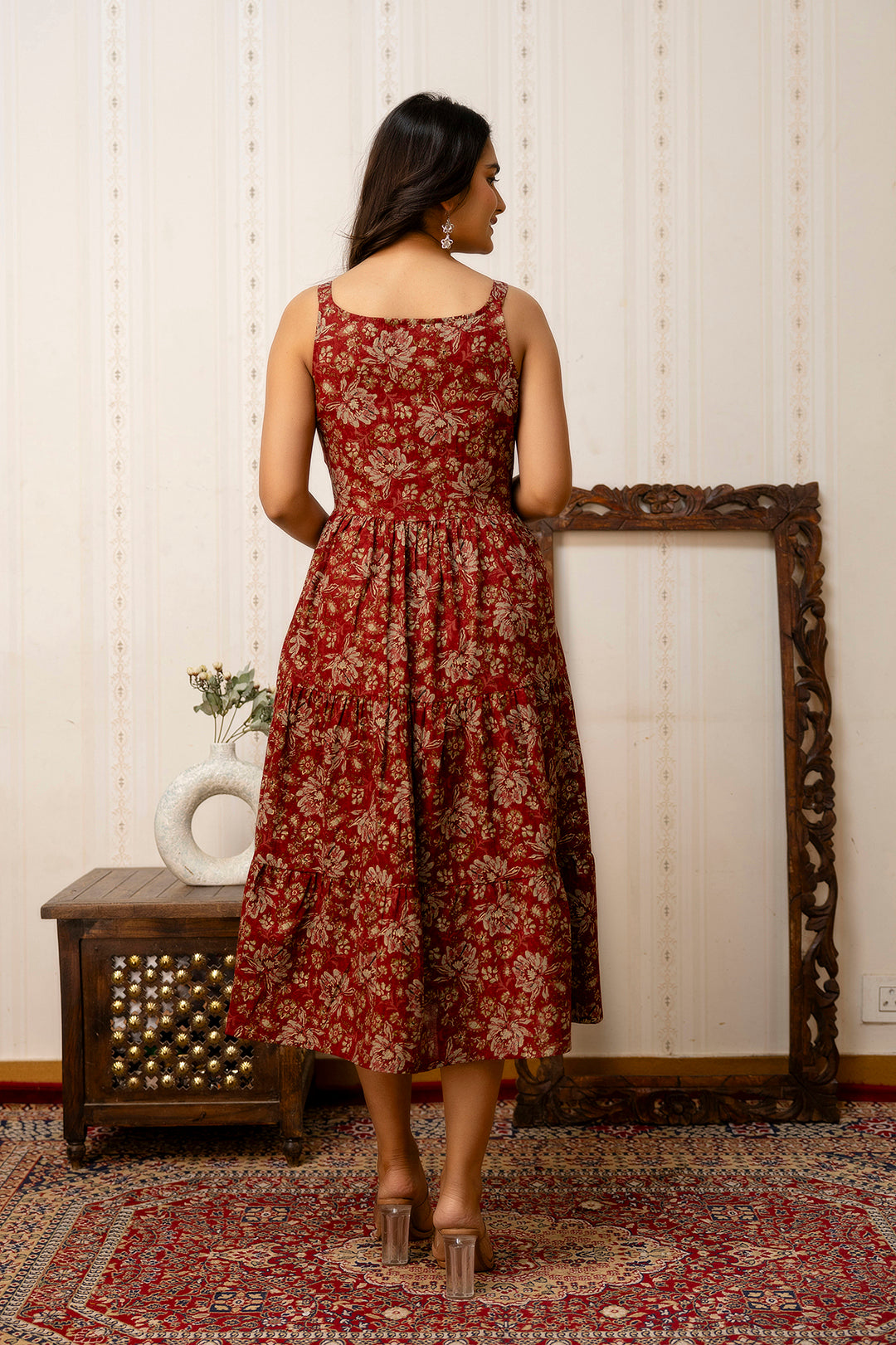 Maroon Floral Printed Flared Dress for Women | LASVINI - Redefining Indian Fashion with Elegance