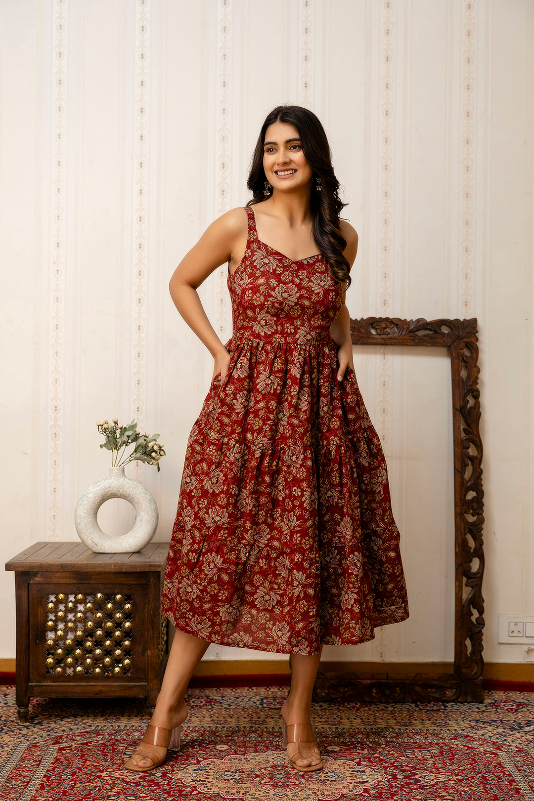 Maroon Floral Printed Flared Dress for Women | LASVINI - Redefining Indian Fashion with Elegance