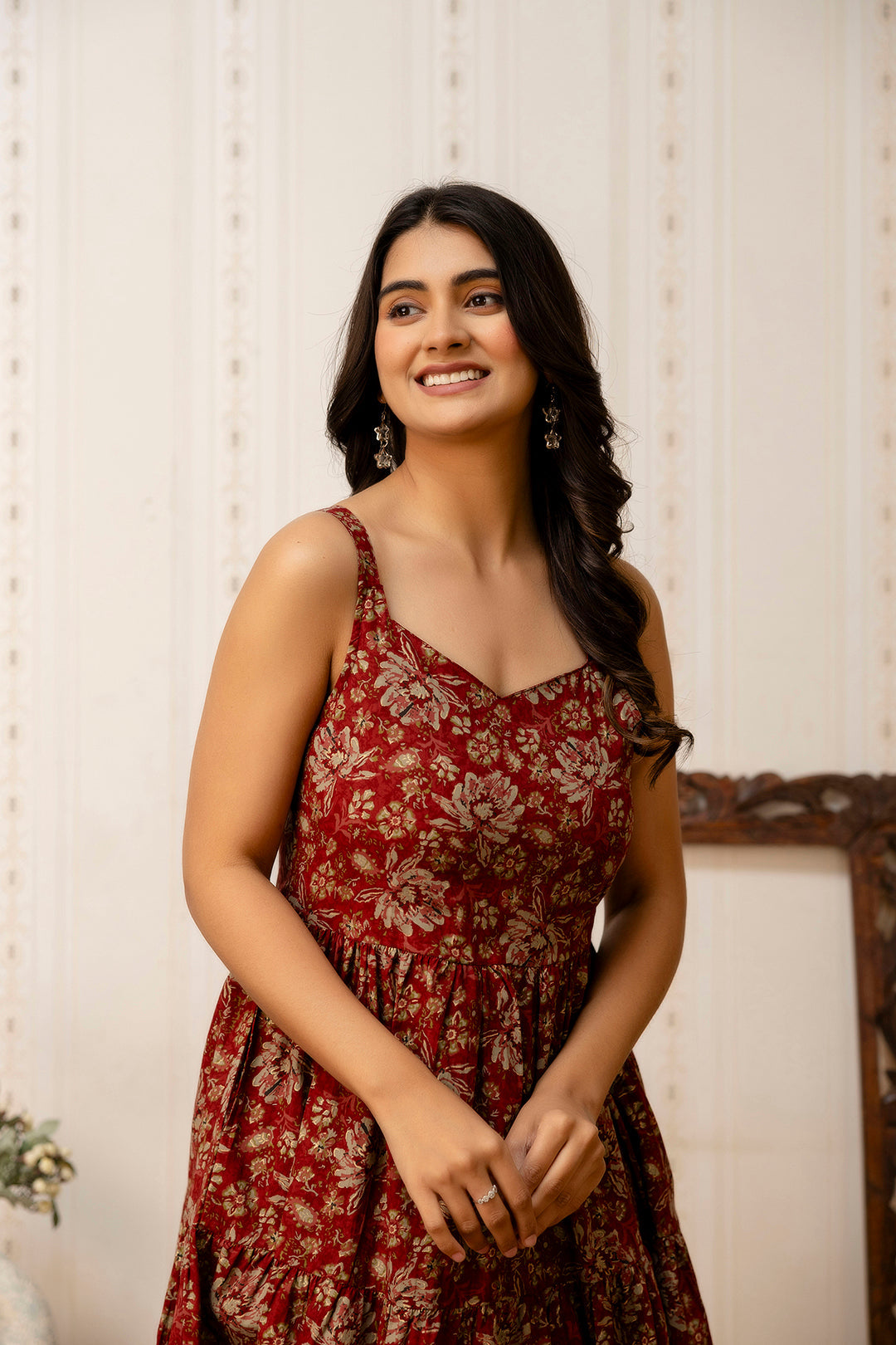 Maroon Floral Printed Flared Dress for Women | LASVINI - Redefining Indian Fashion with Elegance