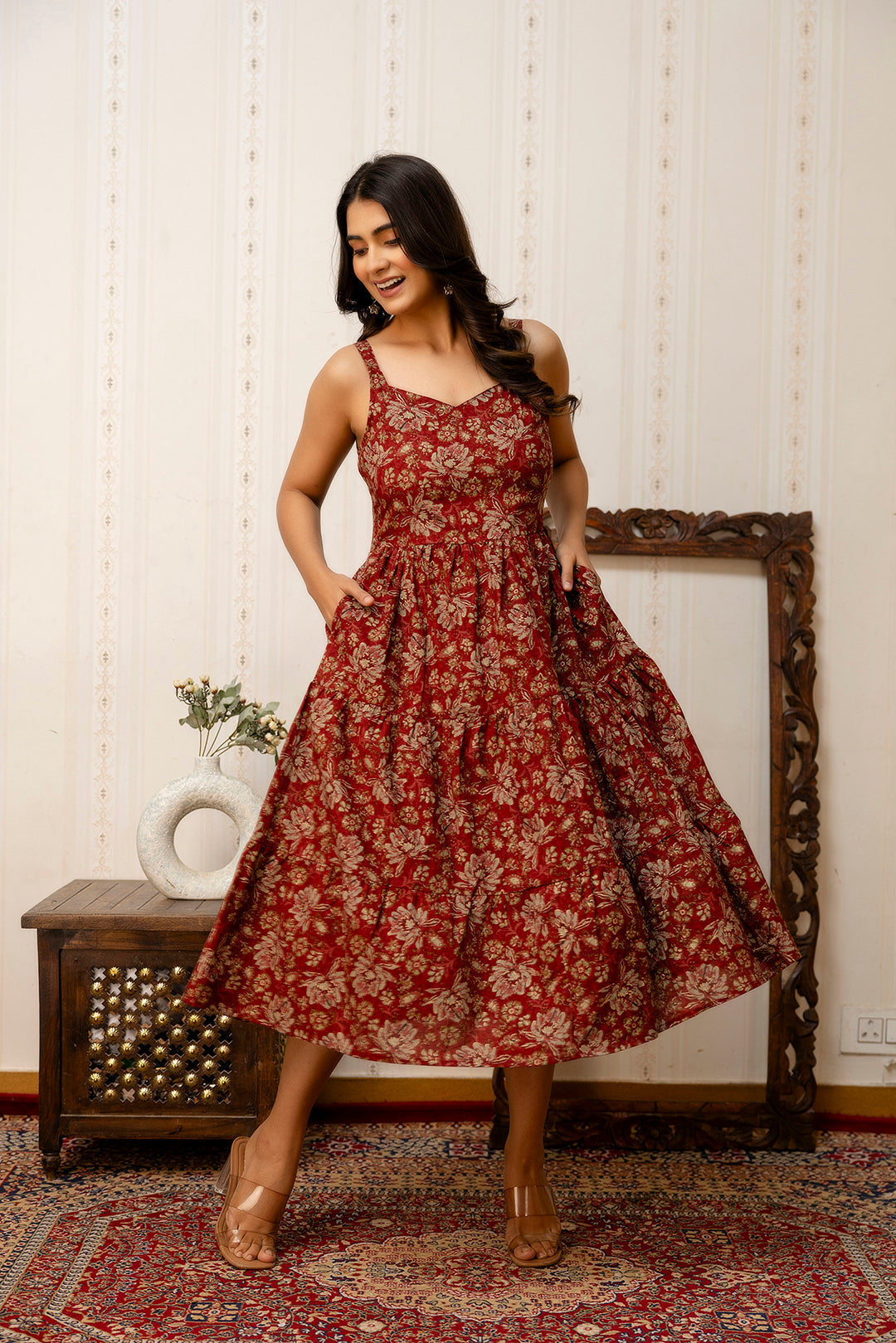 Maroon Floral Printed Flared Dress for Women | LASVINI - Redefining Indian Fashion with Elegance