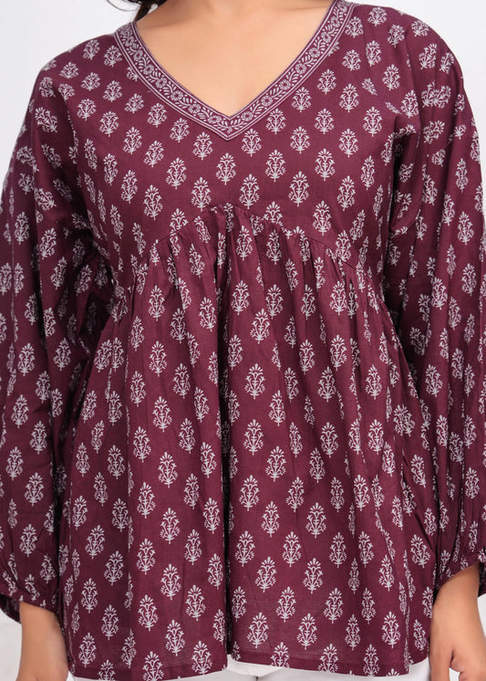 Winecolor Ethnic Printed Peplum Tunic For Women | LASVINI - Redefining Indian Fashion with Elegance