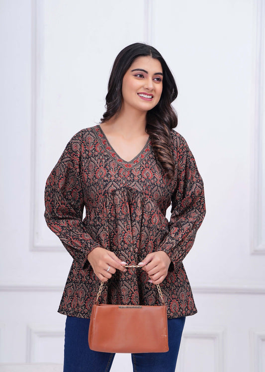 Black Ethnic Printed Peplum Tunic For Women | LASVINI - Redefining Indian Fashion with Elegance