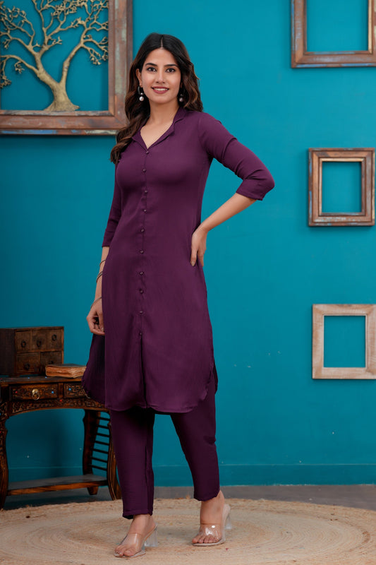 Purple Shirt Collared Co-Ord set for Women | LASVINI - Redefining Indian Fashion with Elegance