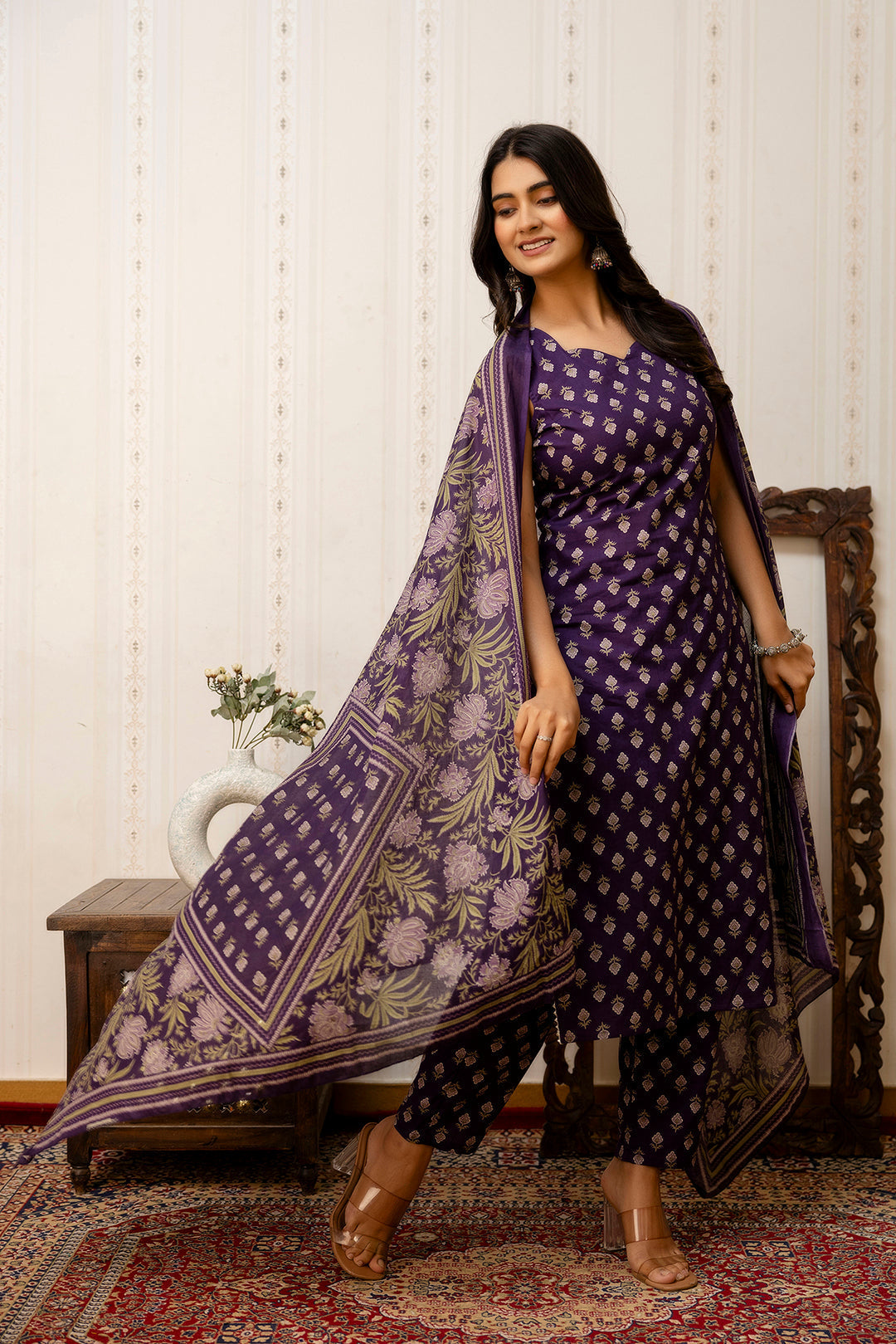 Purple Printed Straight Kurta & Trouser With Dupatta for Women | LASVINI - Redefining Indian Fashion with Elegance