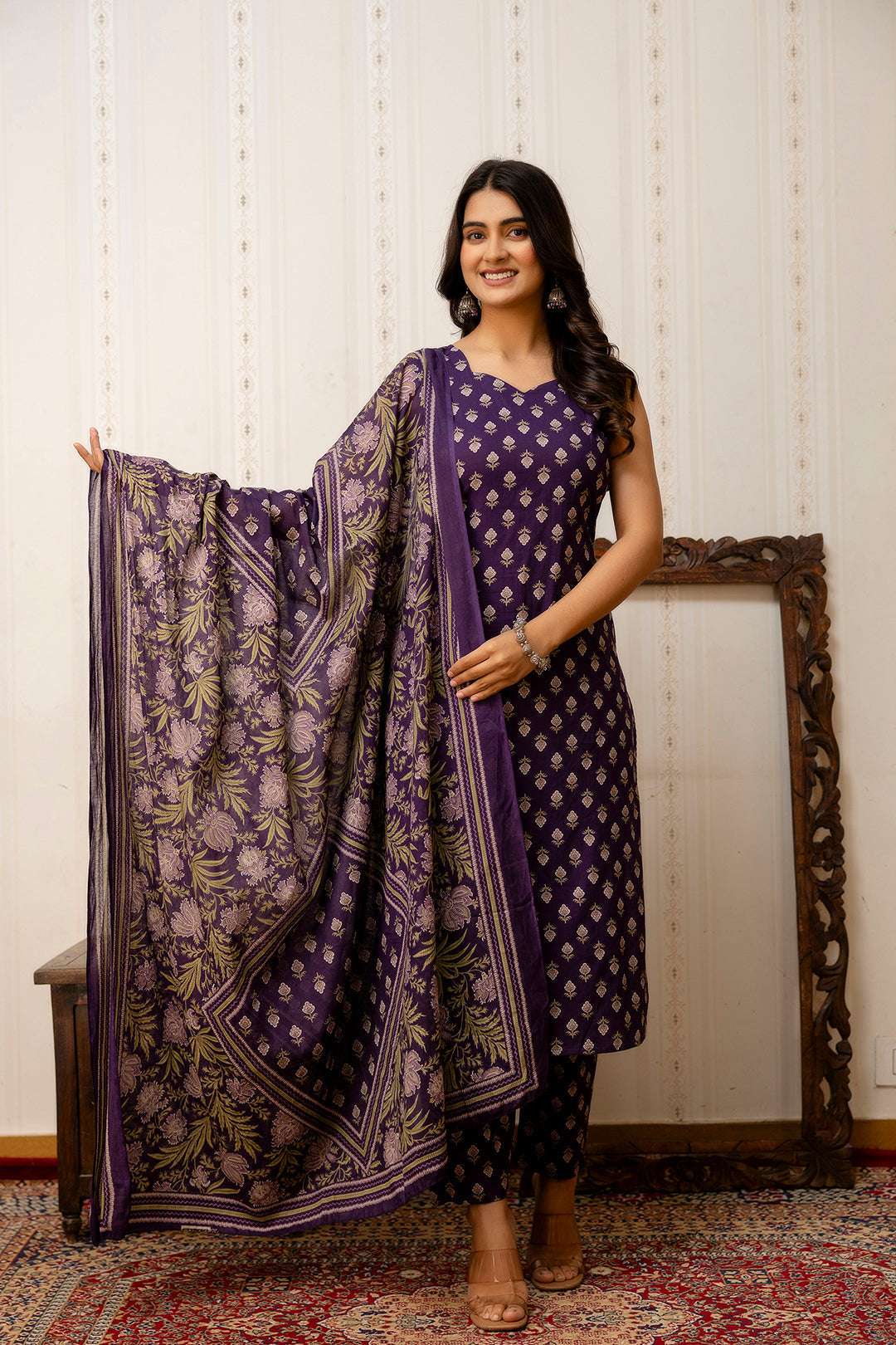 Purple Printed Straight Kurta & Trouser With Dupatta for Women | LASVINI - Redefining Indian Fashion with Elegance