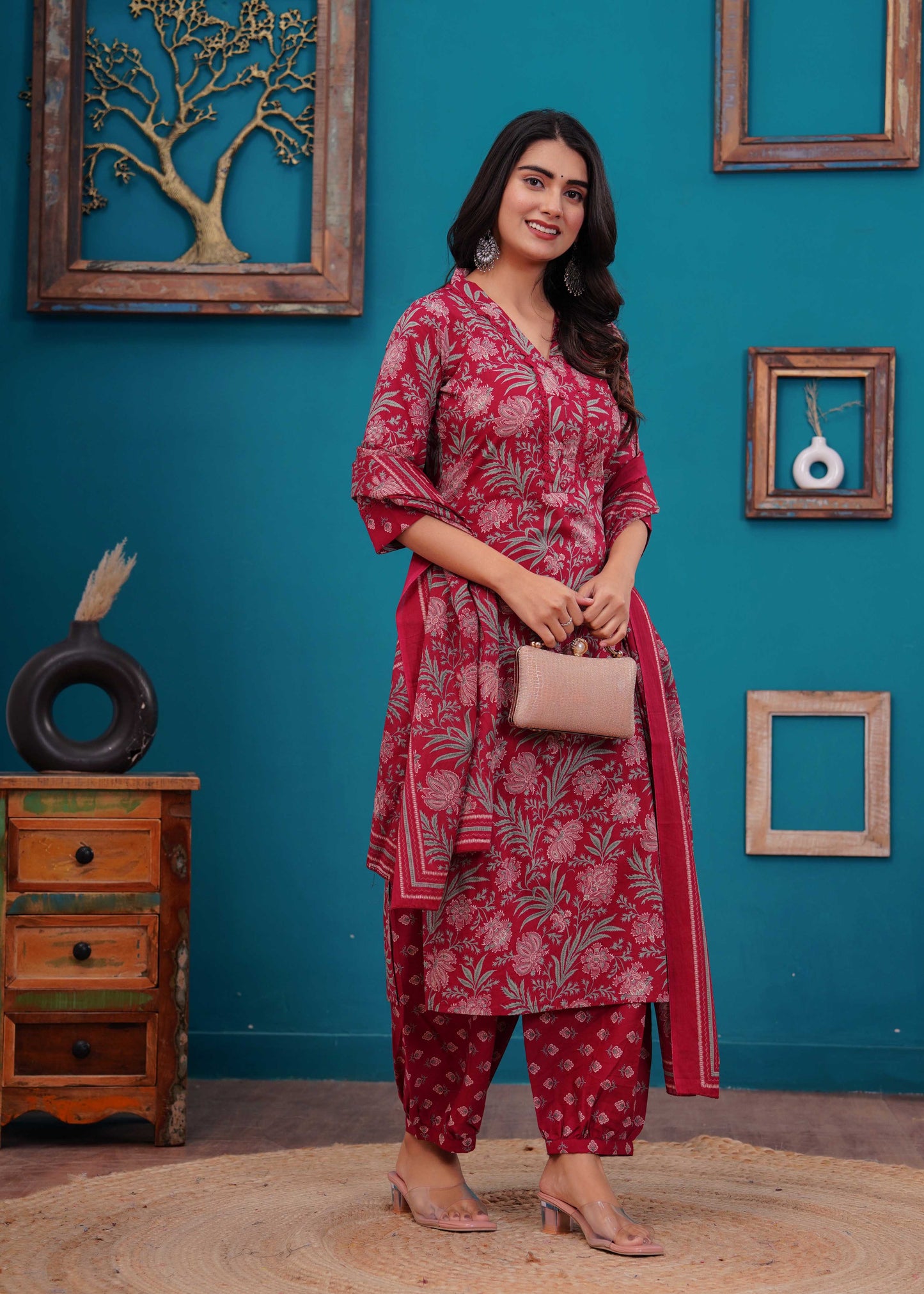 Pink Printed Straight Kurta Set With Dupatta for Women | LASVINI - Redefining Indian Fashion with Elegance