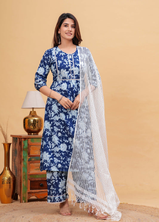 Indigo Blue Straight Kurta & Palazzo With Dupatta for Women | LASVINI - Redefining Indian Fashion with Elegance