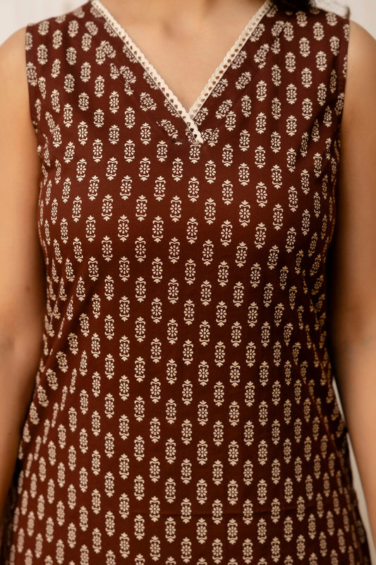 Women Brown Printed Straight V-neck Kurta | LASVINI - Redefining Indian Fashion with Elegance